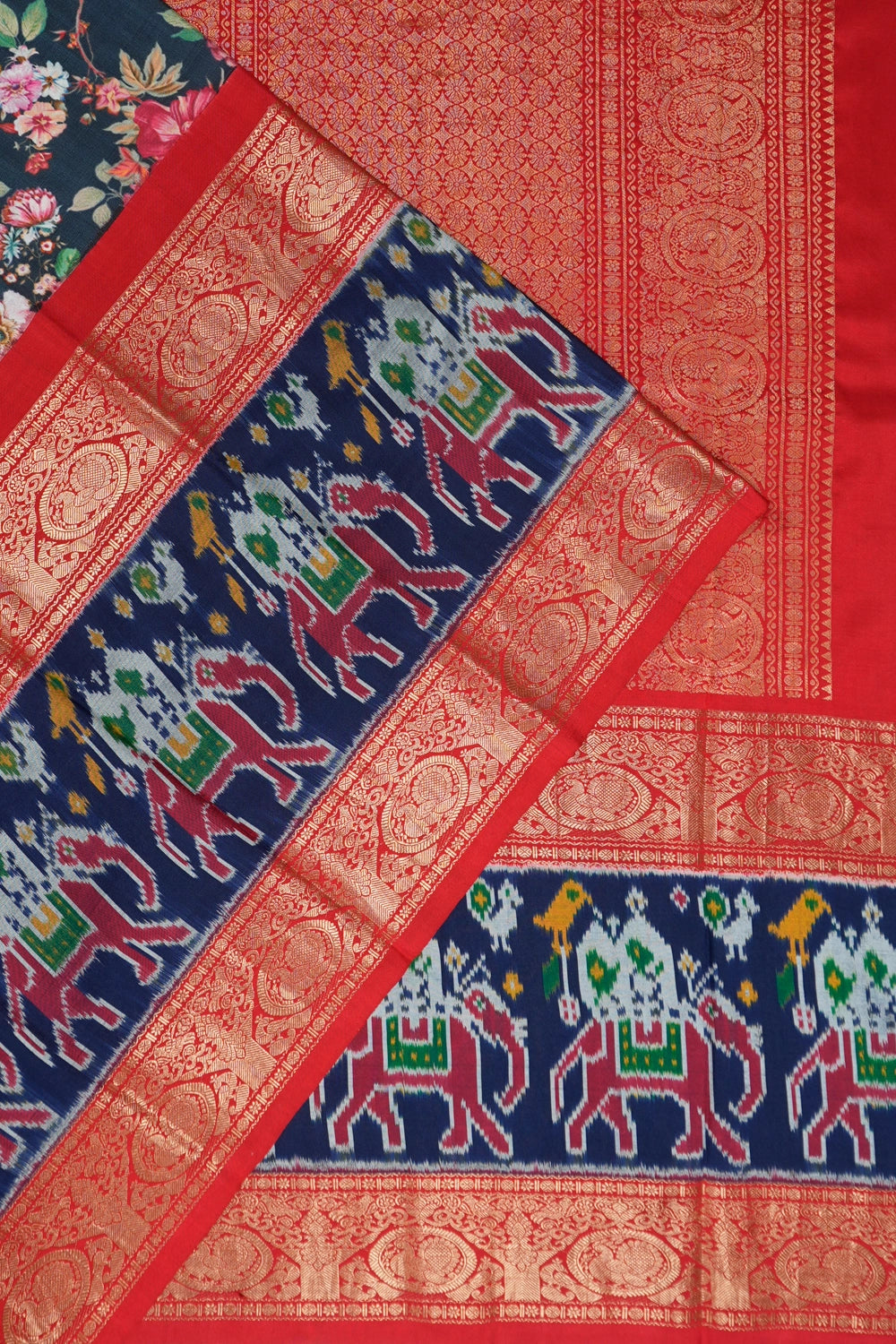 Kanchipuram Silk Floral Digital Printed Mindnight Blue Saree With Ikat Border