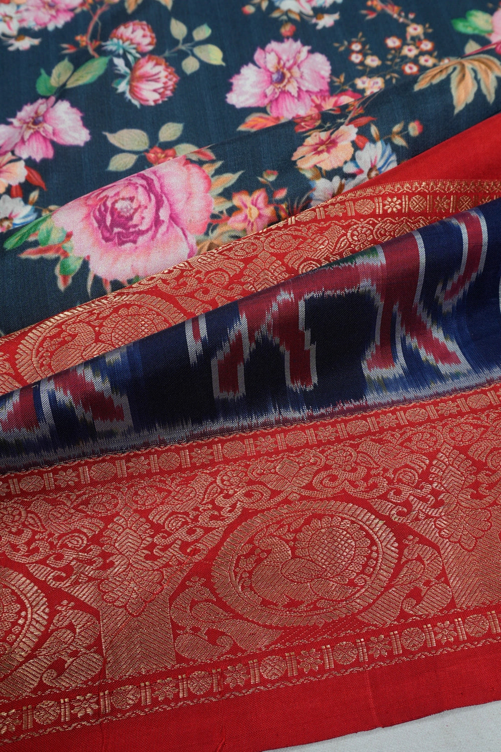 Kanchipuram Silk Floral Digital Printed Mindnight Blue Saree With Ikat Border