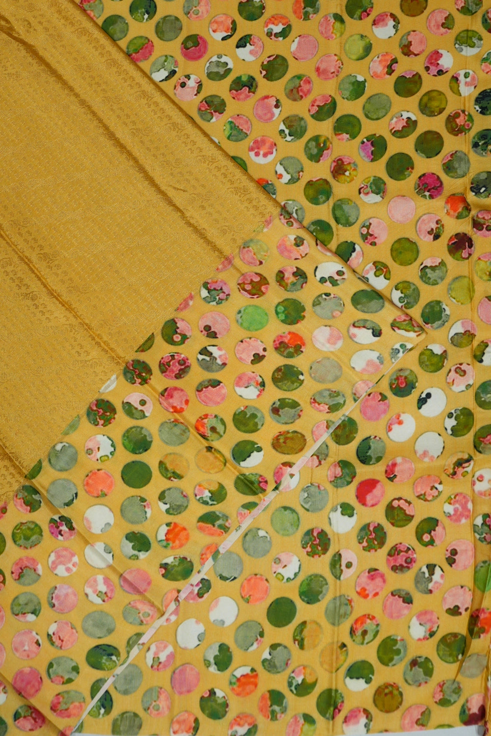 Taranga Kanchi Silk Brocade Mustard Yellow Saree With Satin Polka Dots Border