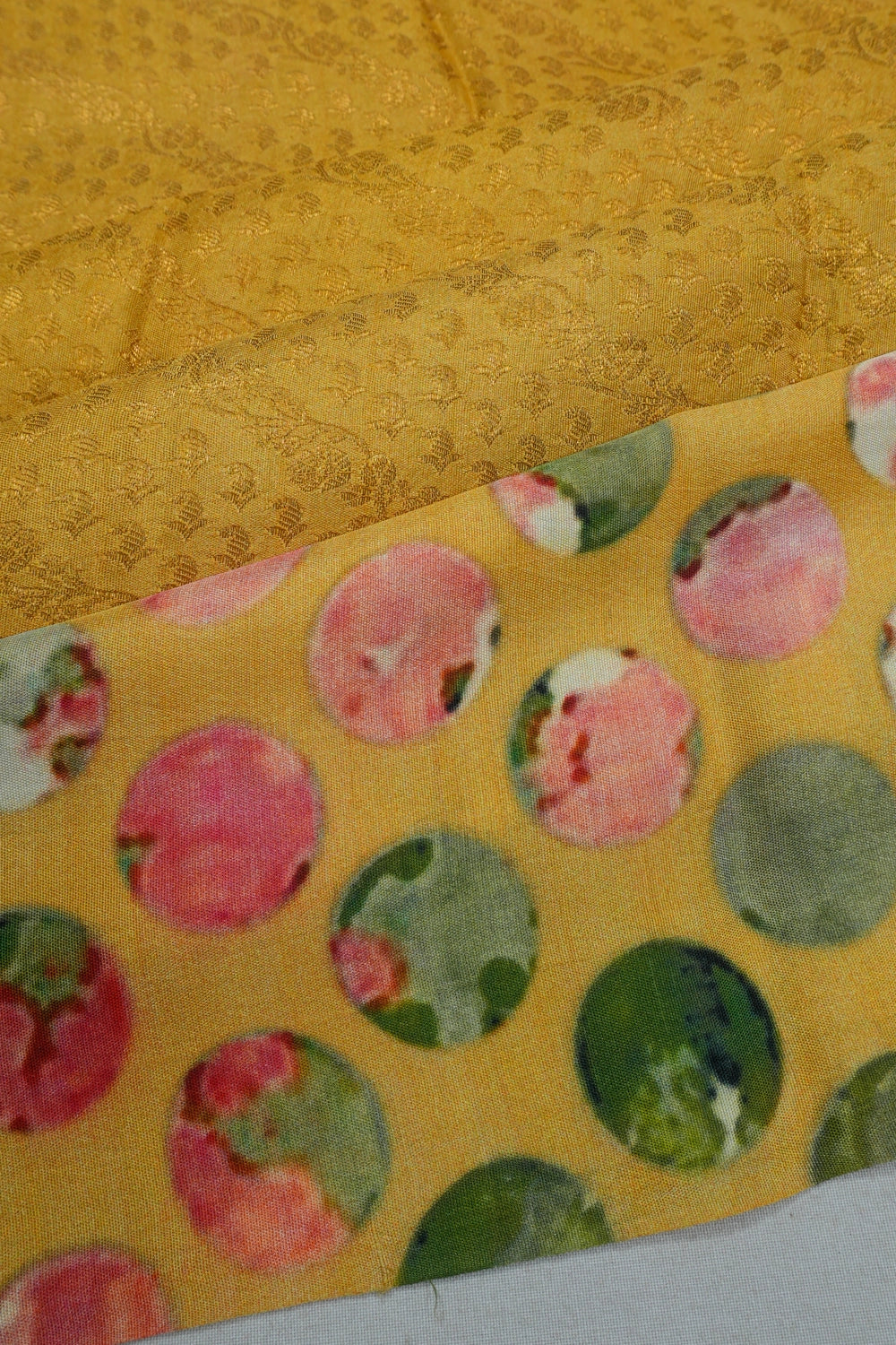Taranga Kanchi Silk Brocade Mustard Yellow Saree With Satin Polka Dots Border