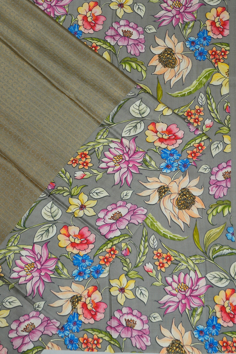 Taranga Kanchi Silk Brocade Grey Saree With Satin Flroal Printed Border