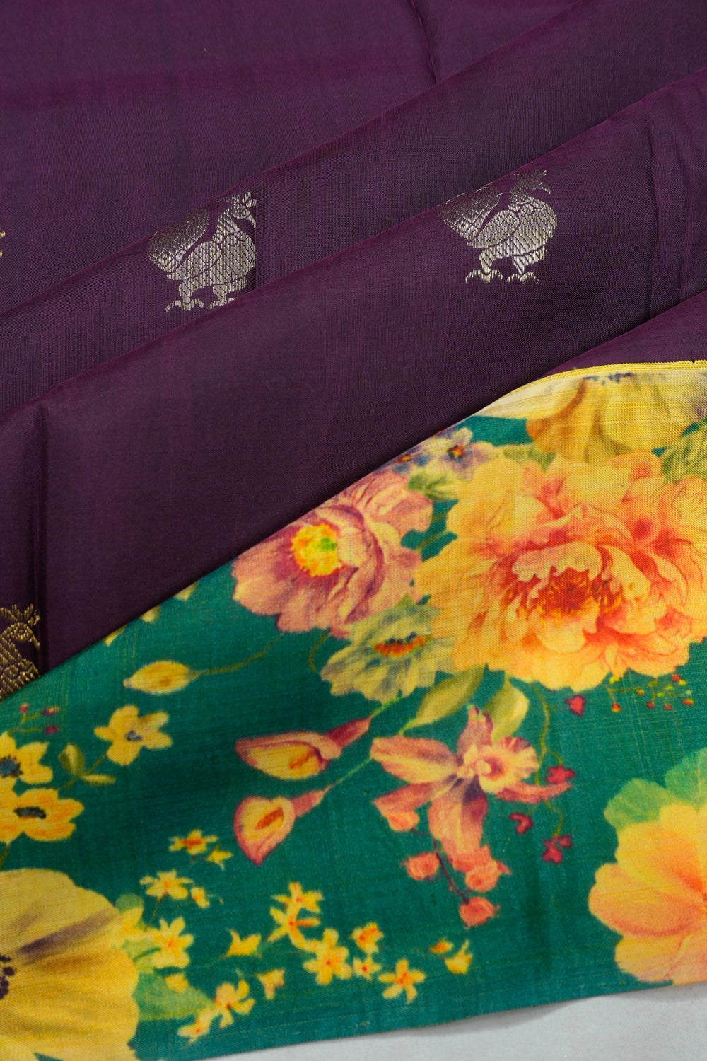 Taranga Kanchi Silk Butta Purple Saree With Satin Flroal Printed Border