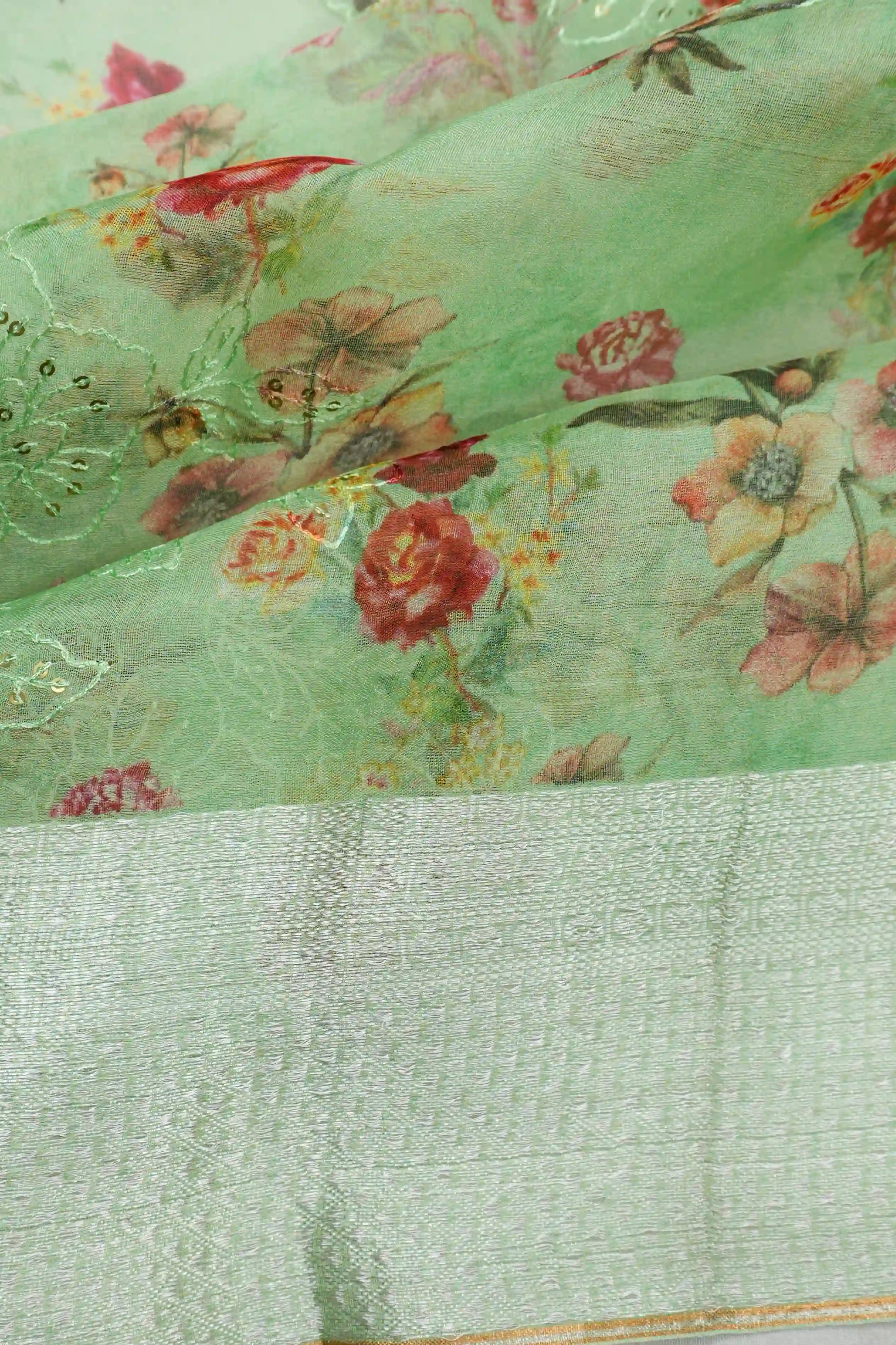 Organza Floral Printed Sequin Pastel Green Saree