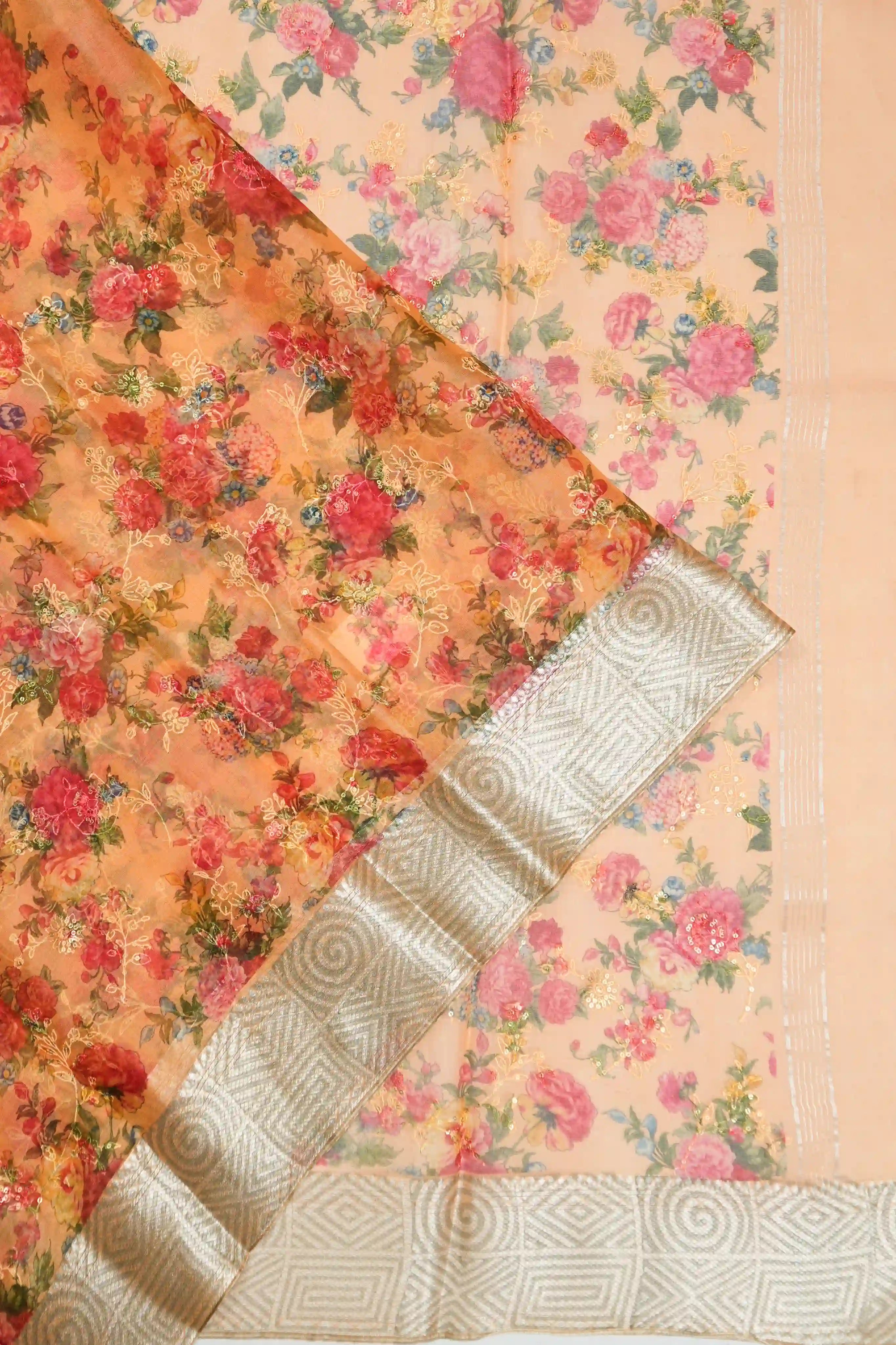 Organza Floral Printed Orange Saree