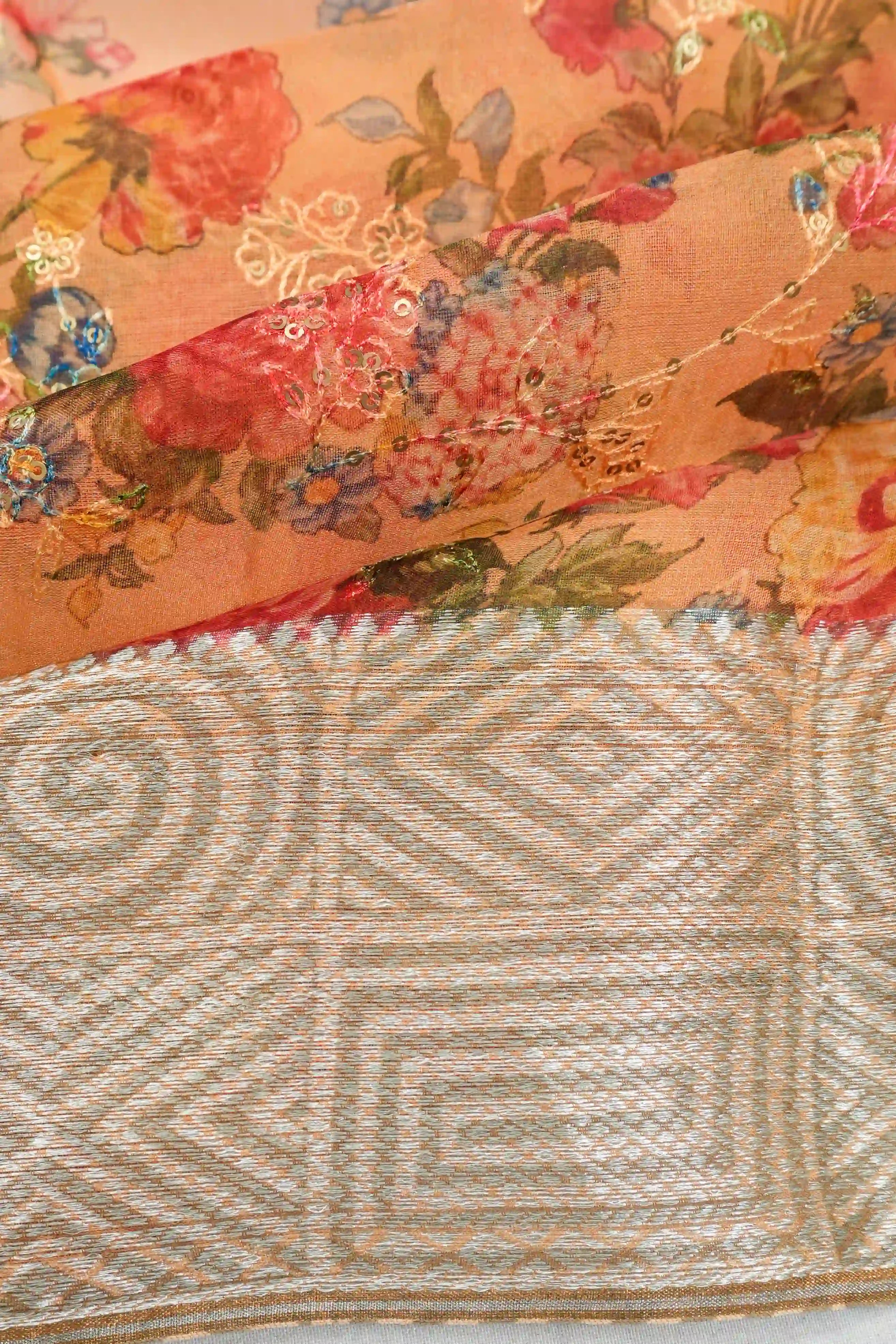 Organza Floral Printed Orange Saree