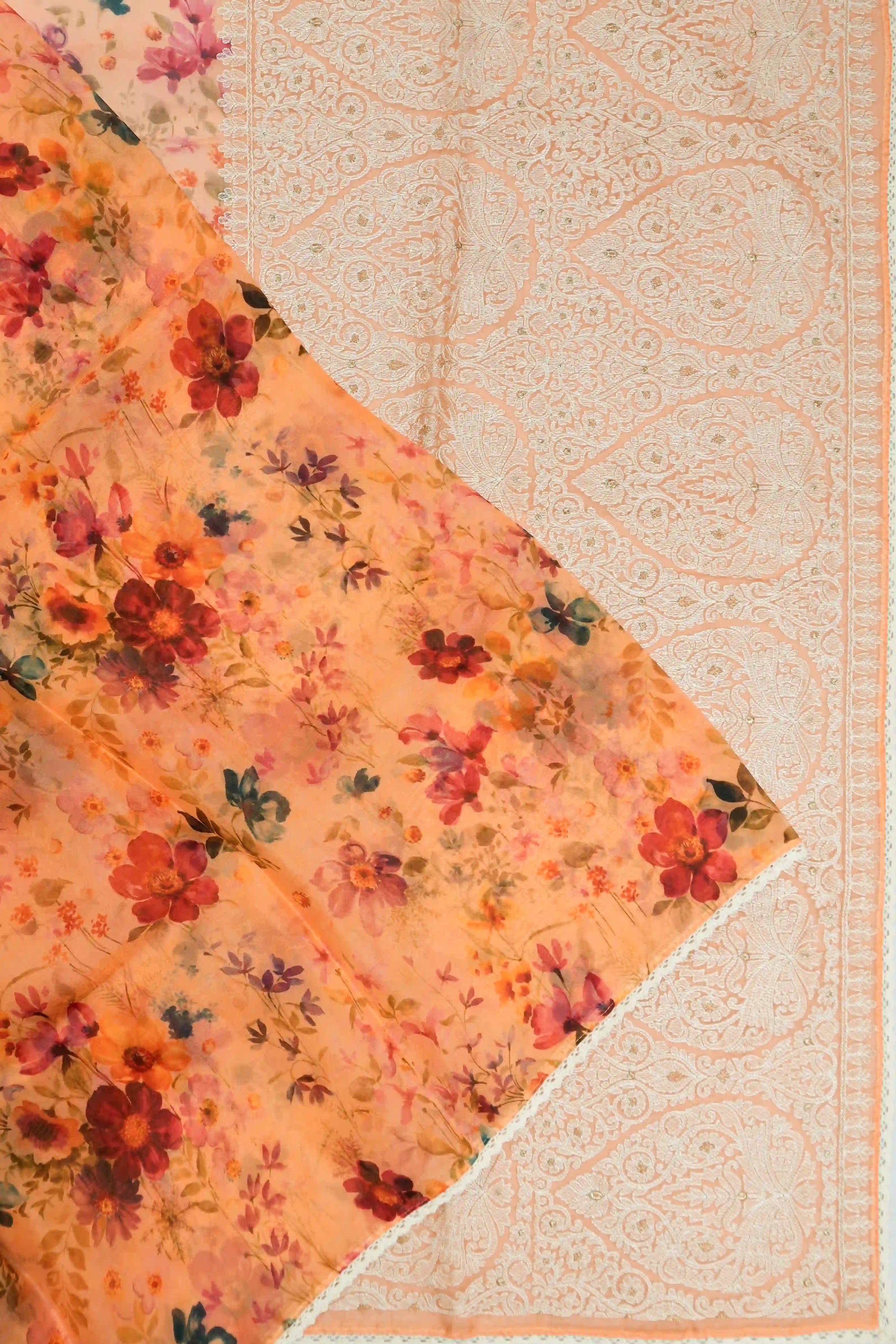 Organza Floral Printed Orange Saree