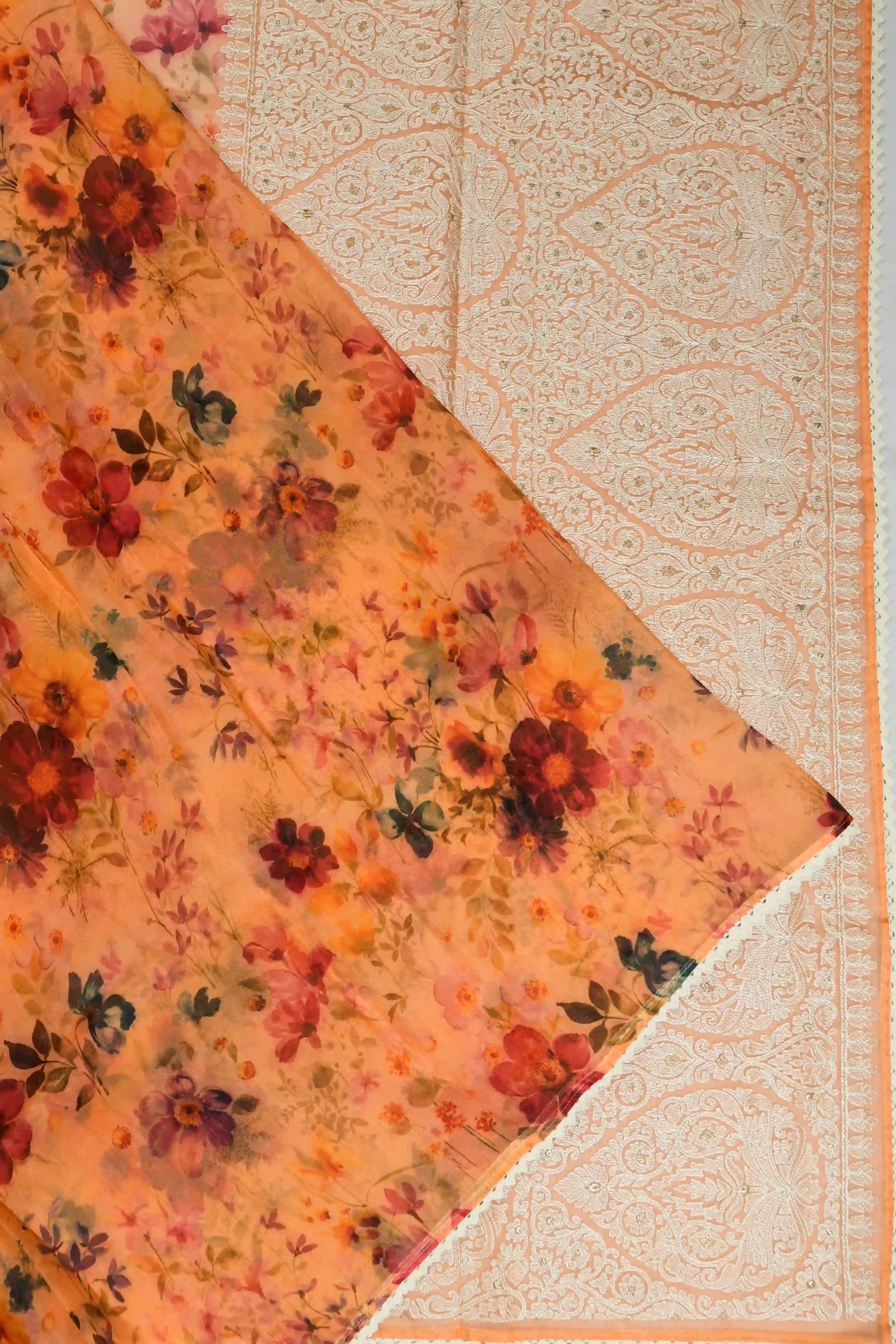 Organza Floral Printed Orange Saree