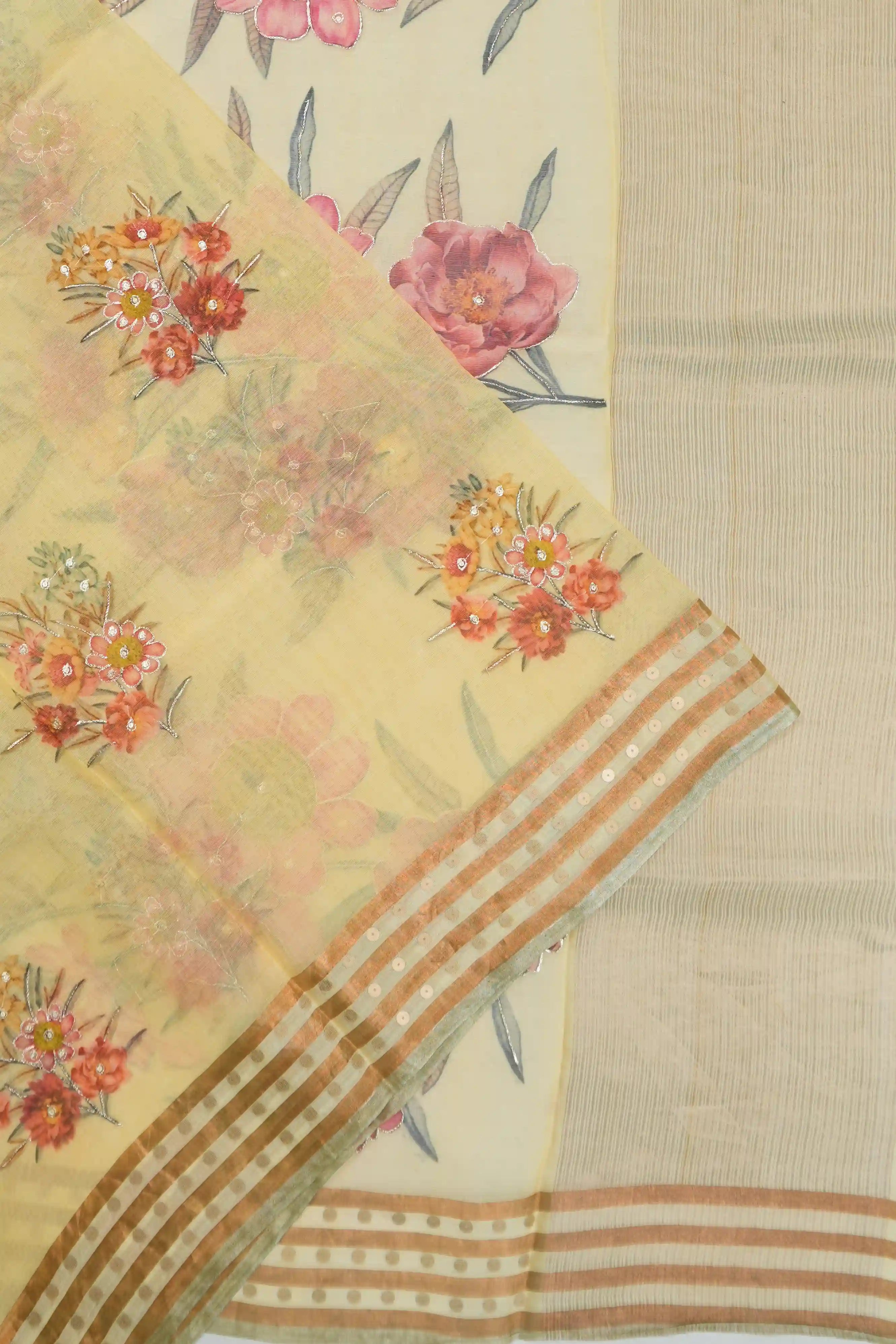 Organza Floral Printed Pastel Yellow Saree