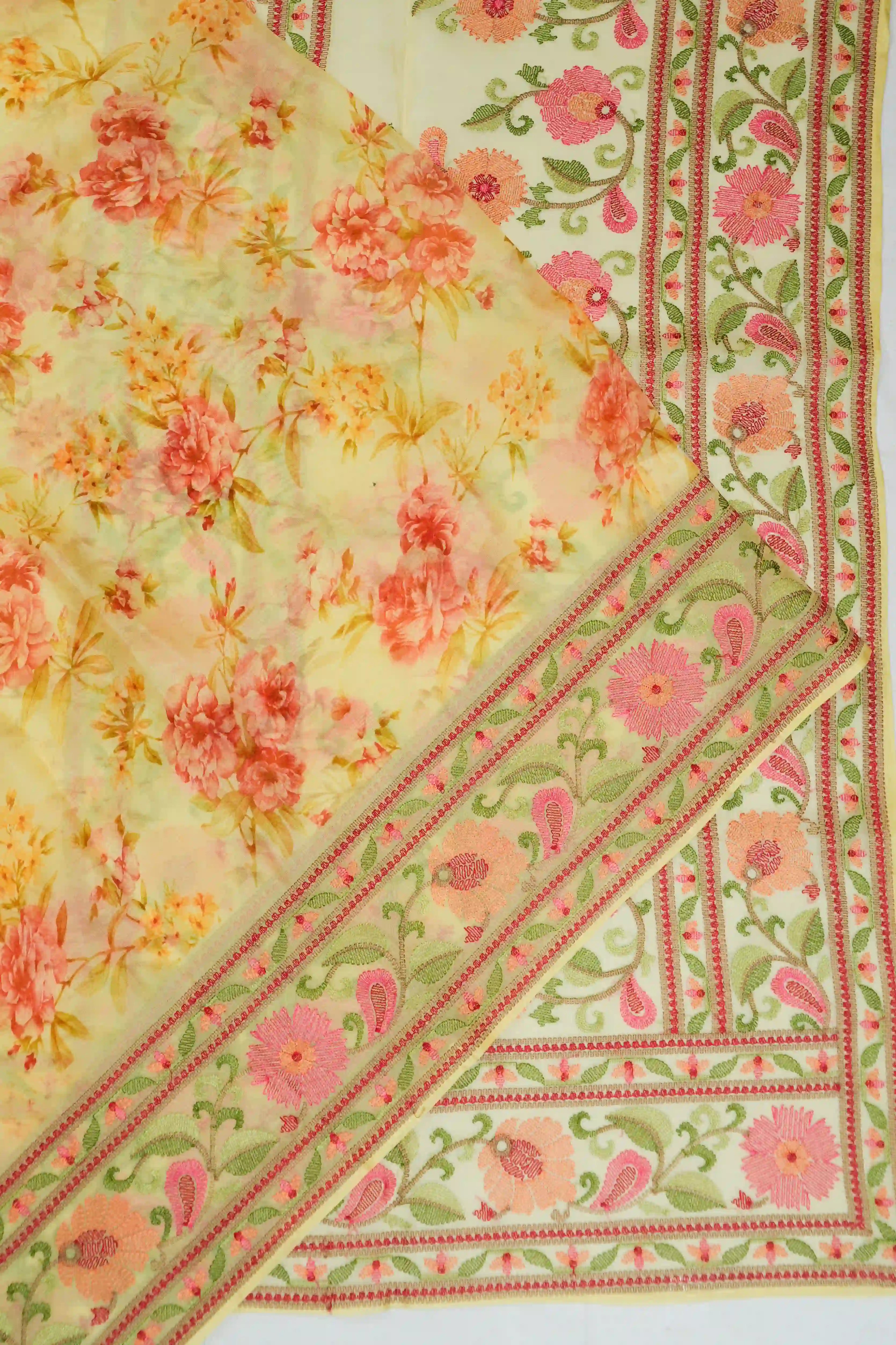 Organza Floral Printed Green Saree