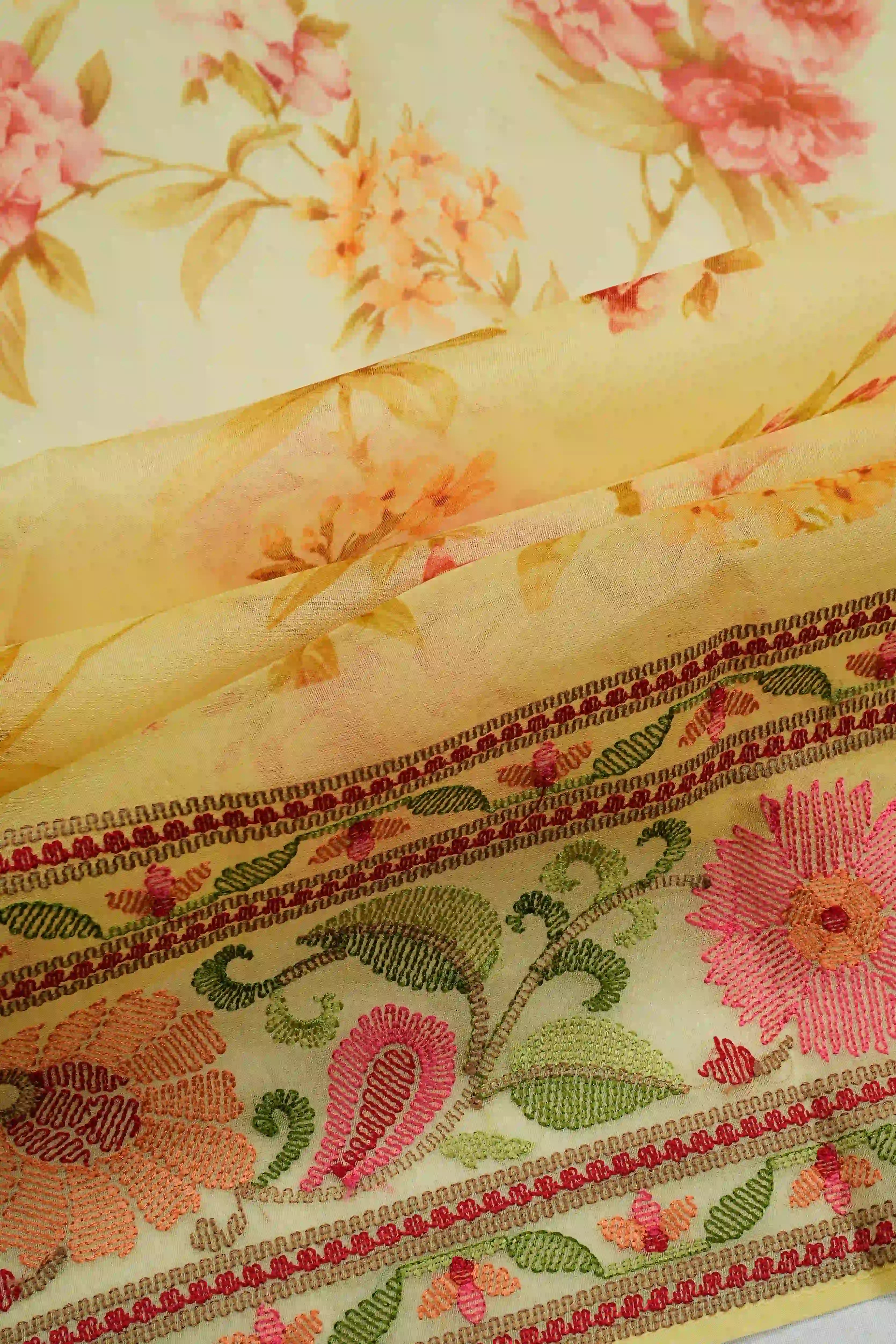 Organza Floral Printed Green Saree