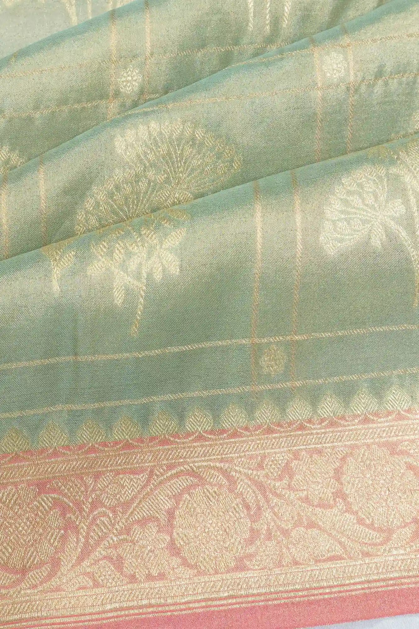Banarasi Kora Organza Checks And Butta Pastel Green Saree