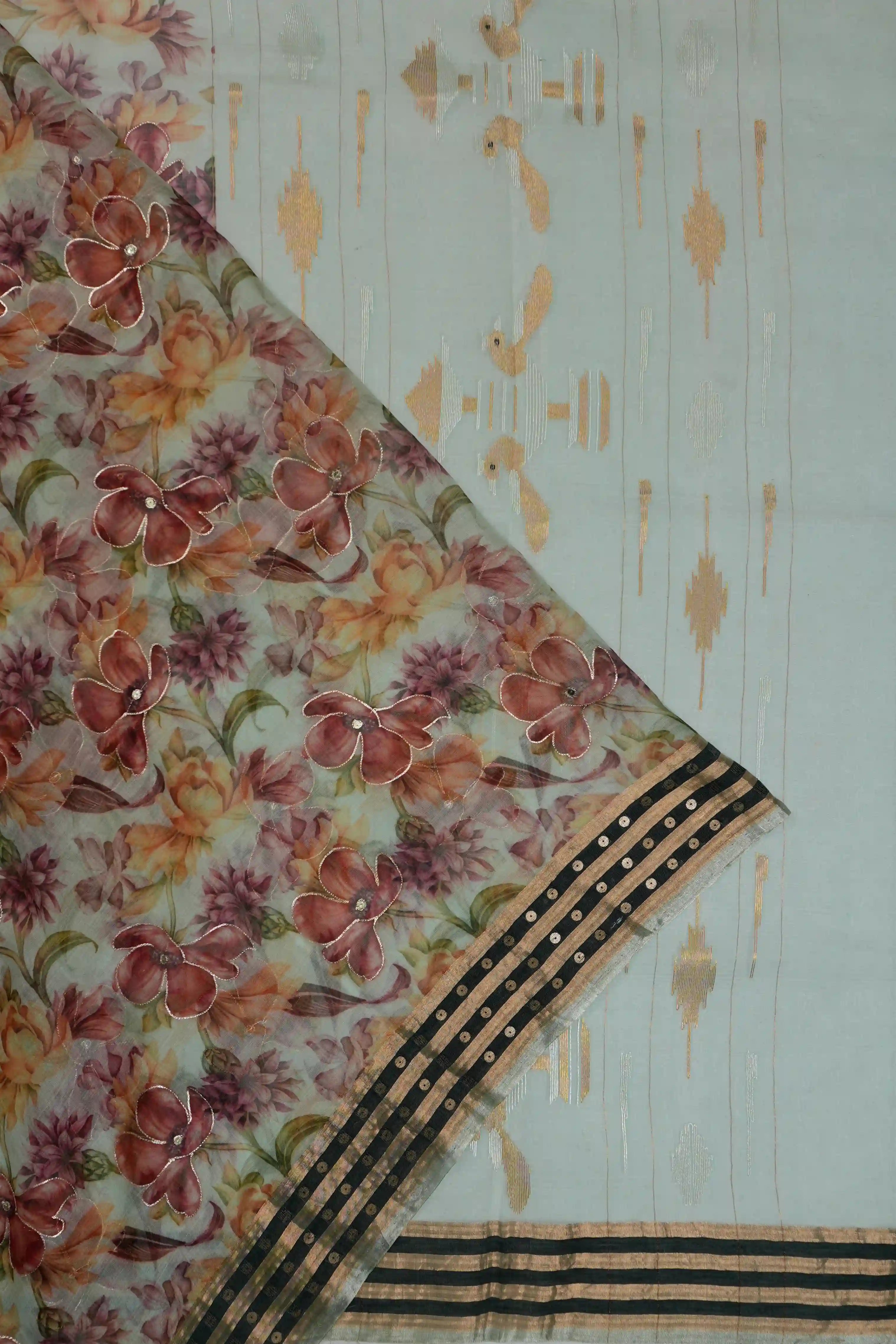 Organza Floral Printed Green Saree