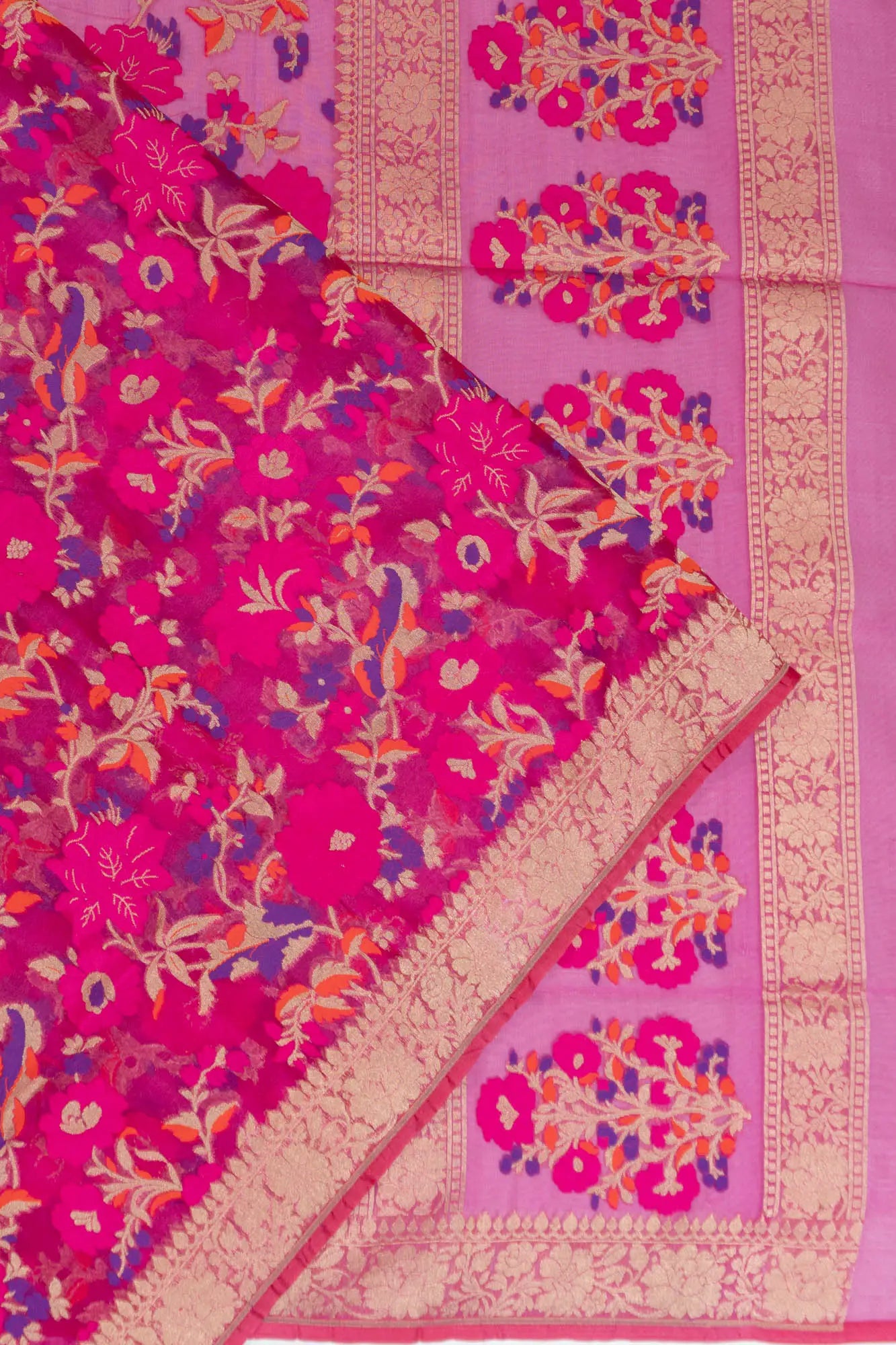 Banarasi Kora Organza Brocade Rani Pink Saree