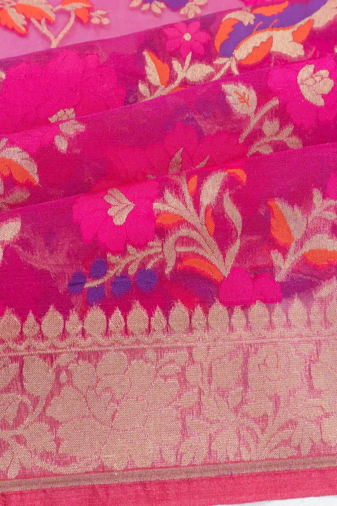 Banarasi Kora Organza Brocade Rani Pink Saree