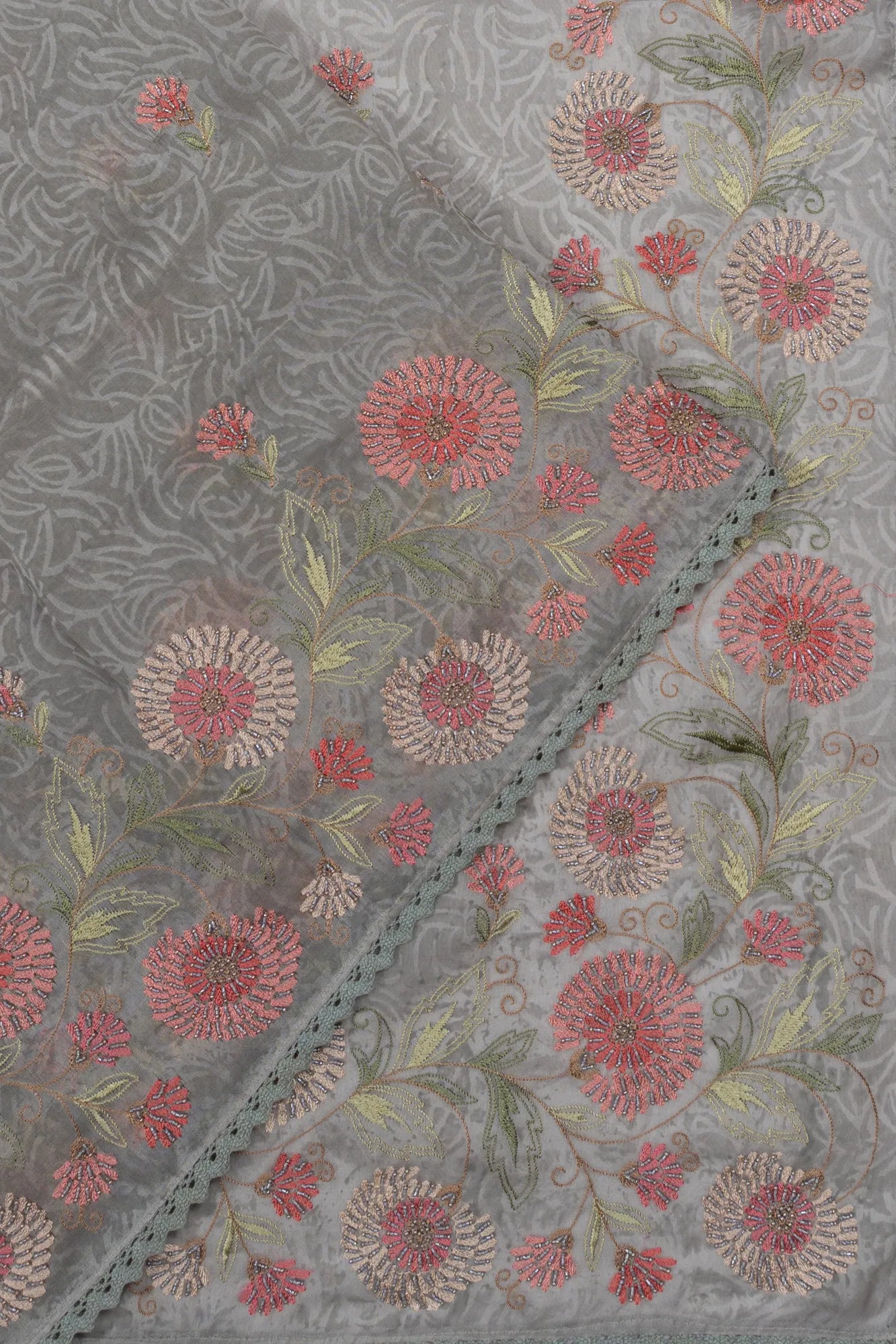 Organza Printed Floral Embroidery Butta Grey Saree