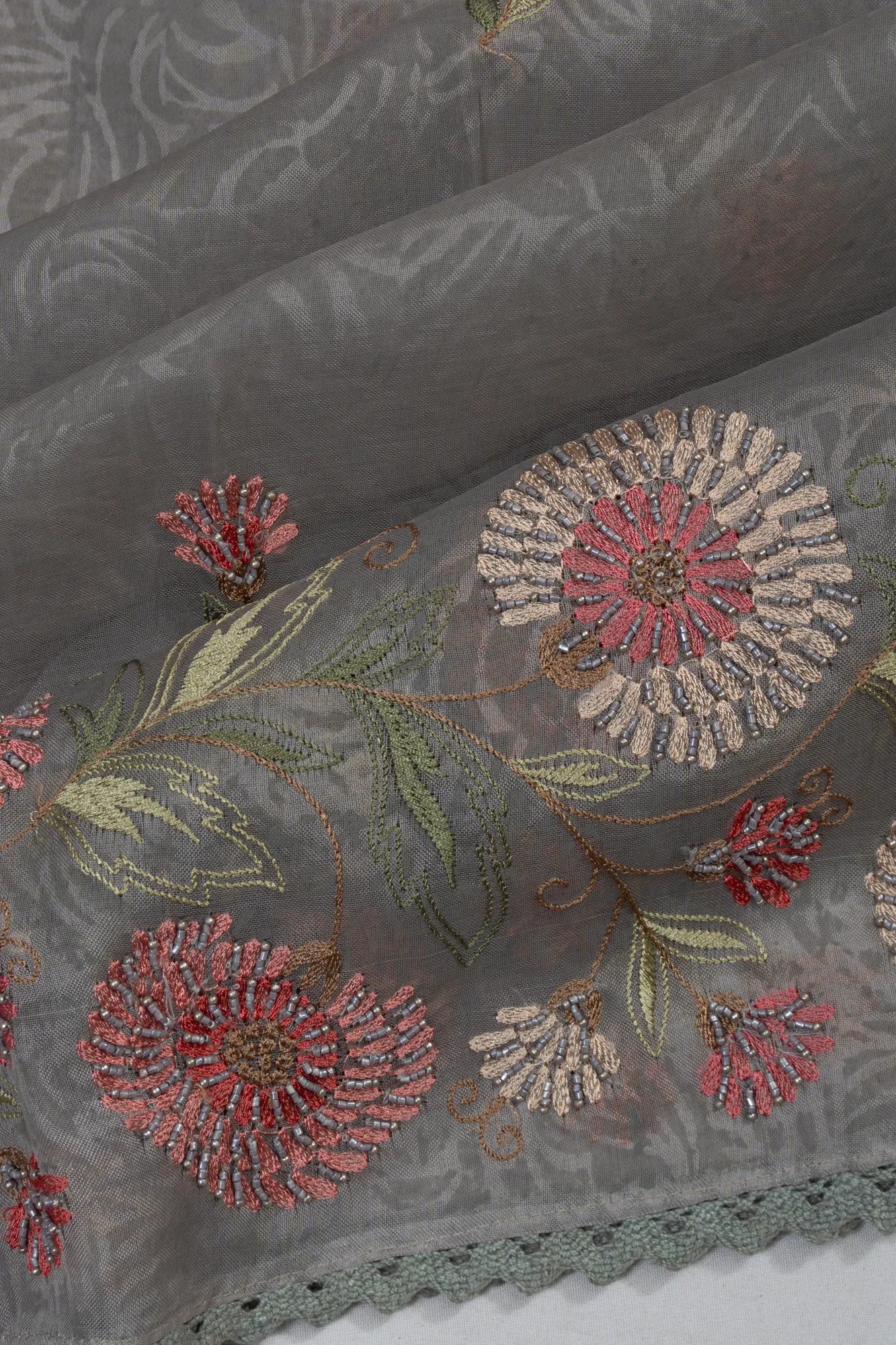 Organza Printed Floral Embroidery Butta Grey Saree