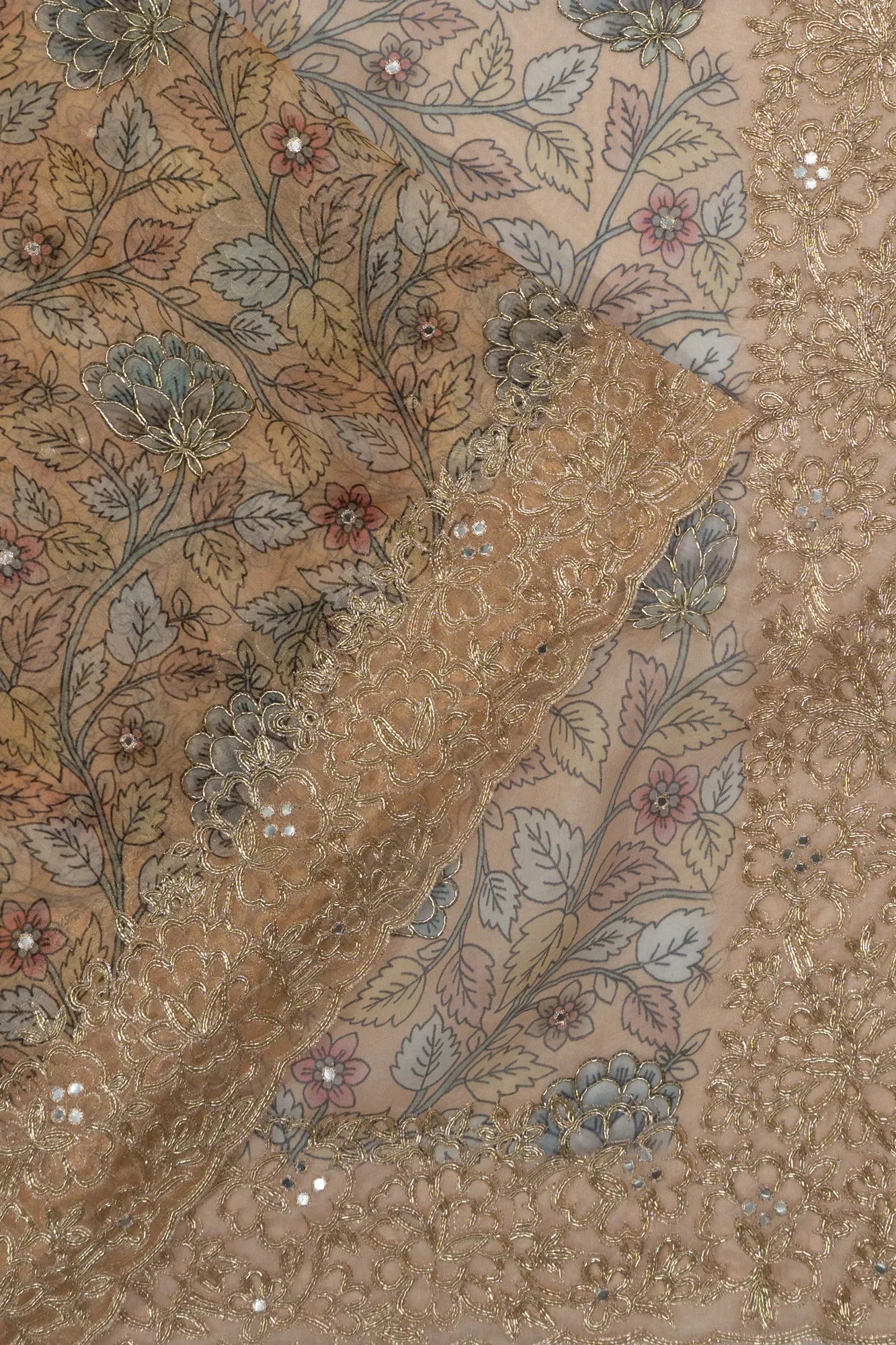 Organza Floral Printed Peach Saree Mirror Work