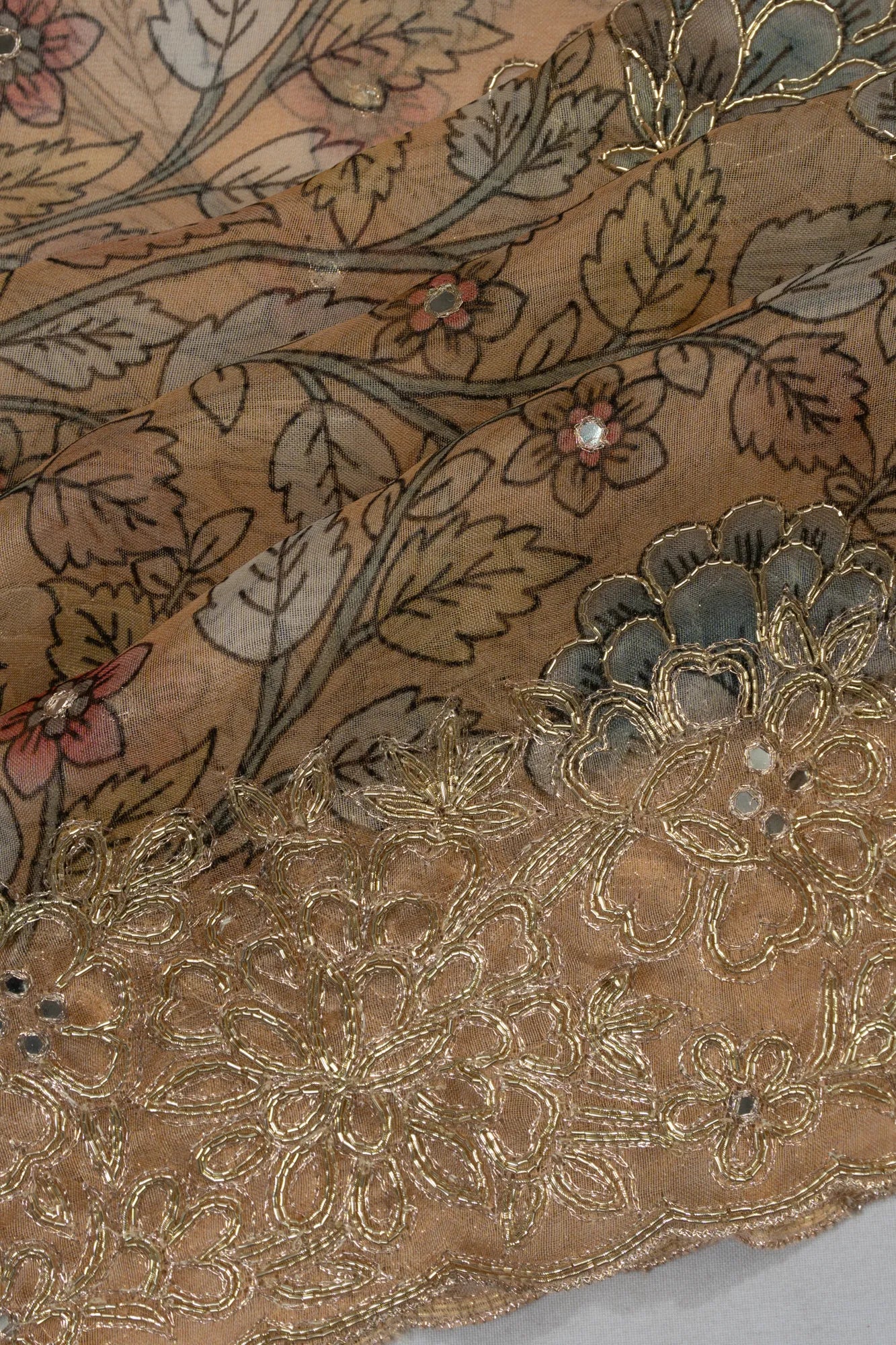 Organza Floral Printed Peach Saree Mirror Work