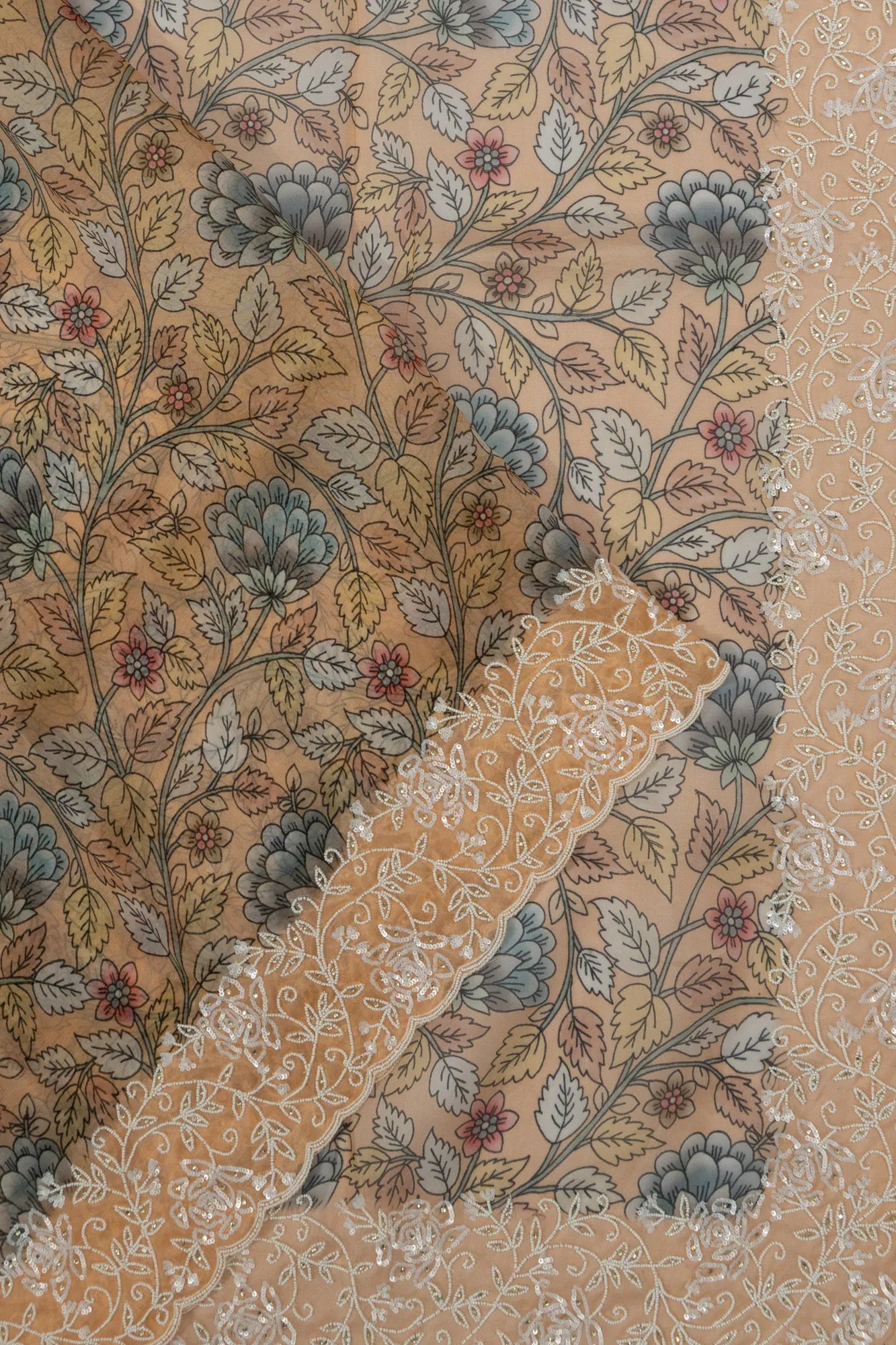 Organza Floral Printed Peach Saree With Sequin Work