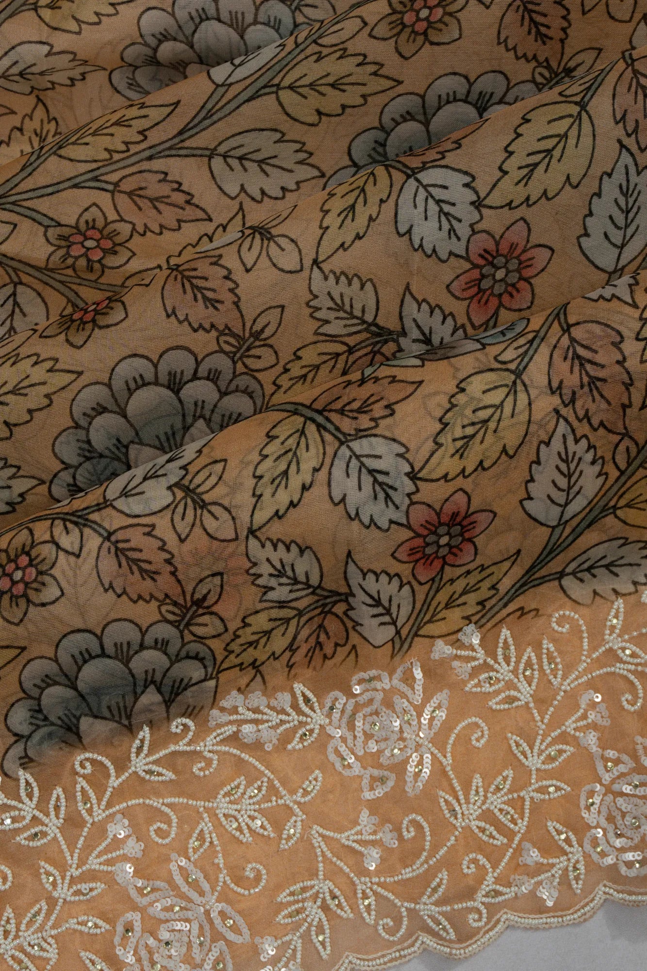 Organza Floral Printed Peach Saree With Sequin Work