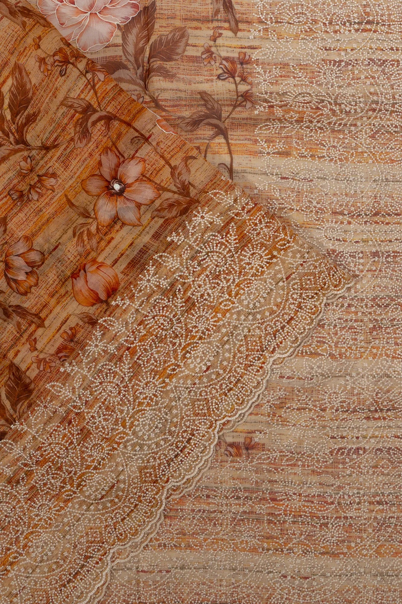 Organza Floral Printed Orange Saree