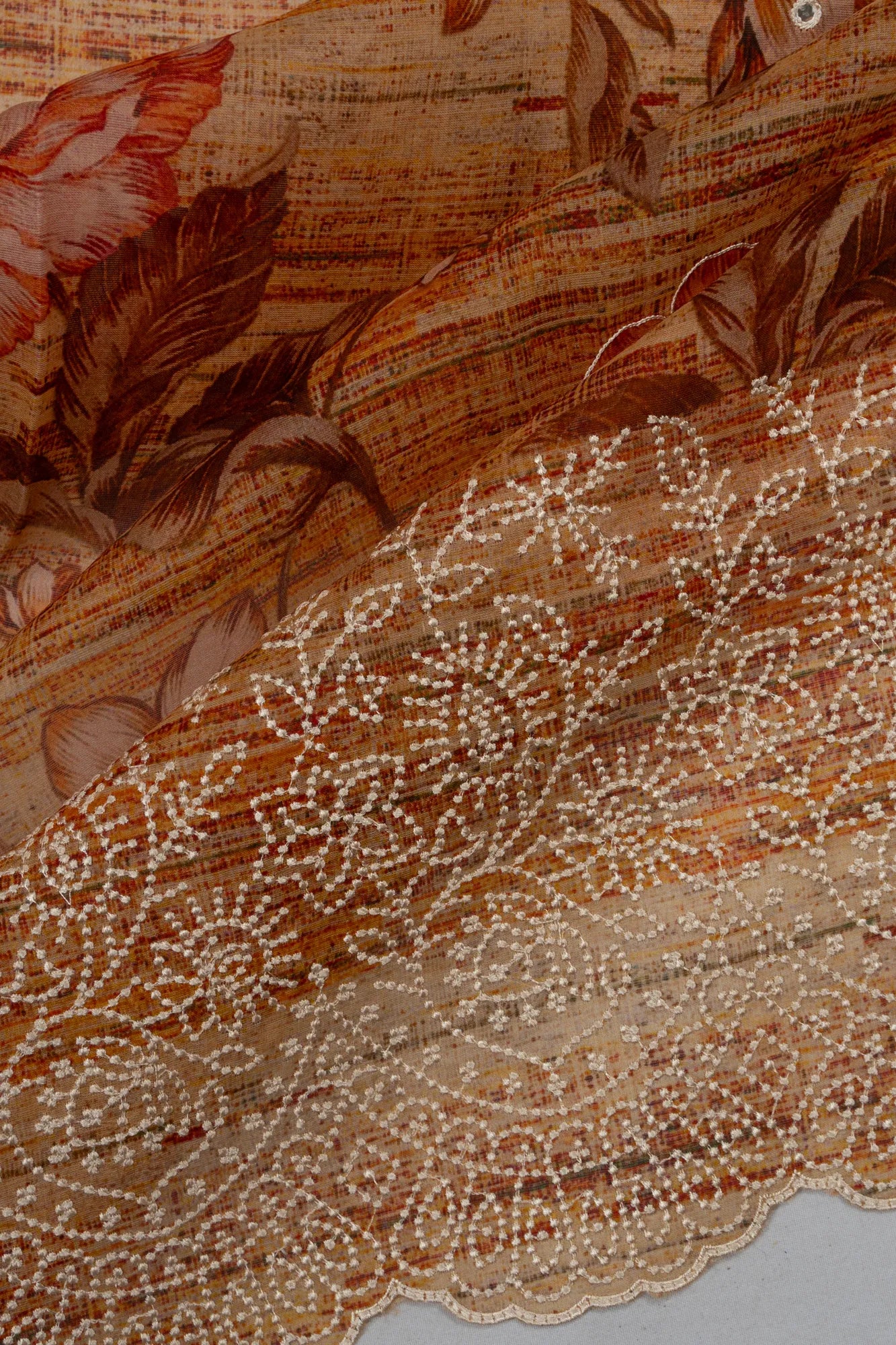 Organza Floral Printed Orange Saree