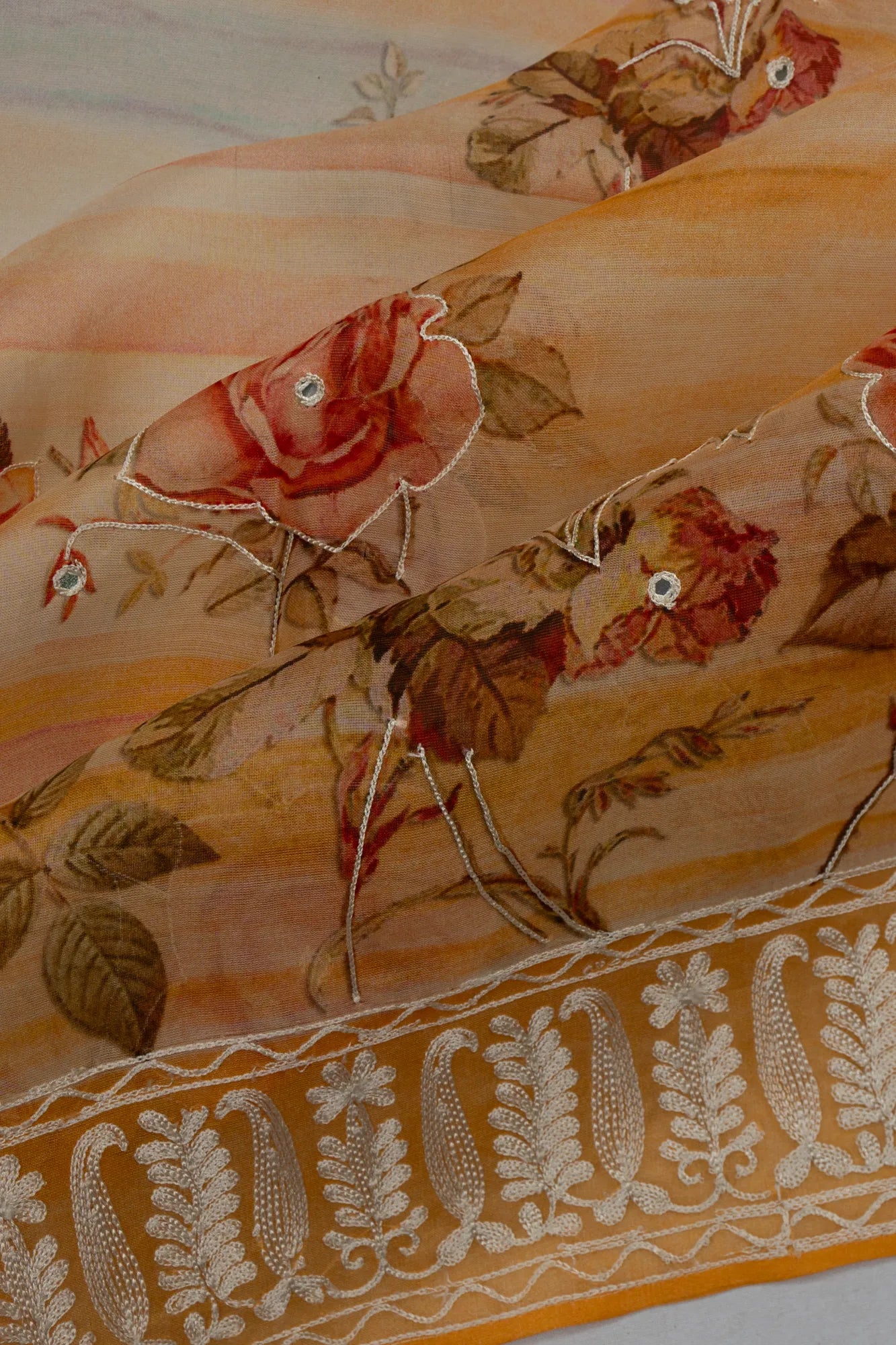 Organza Floral Printed Orange Saree