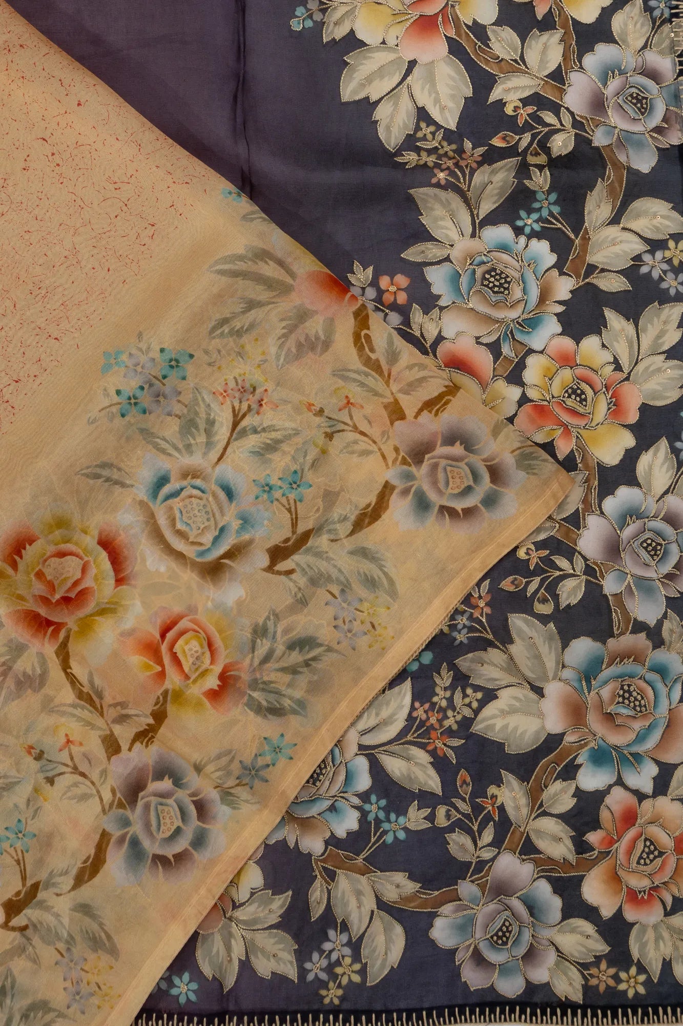 Organza Floral Printed Peach Saree