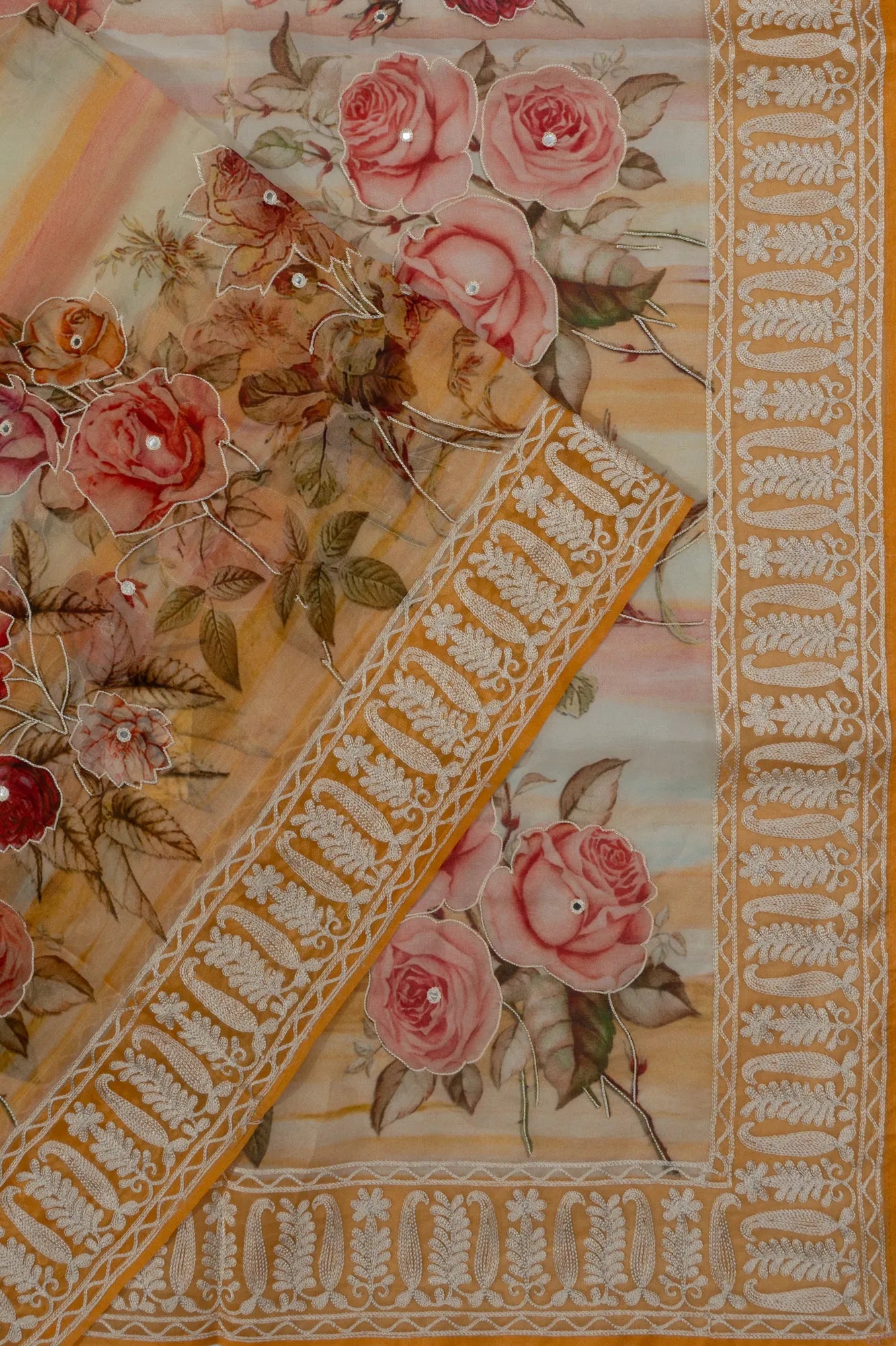 Organza Floral Printed Orange Saree