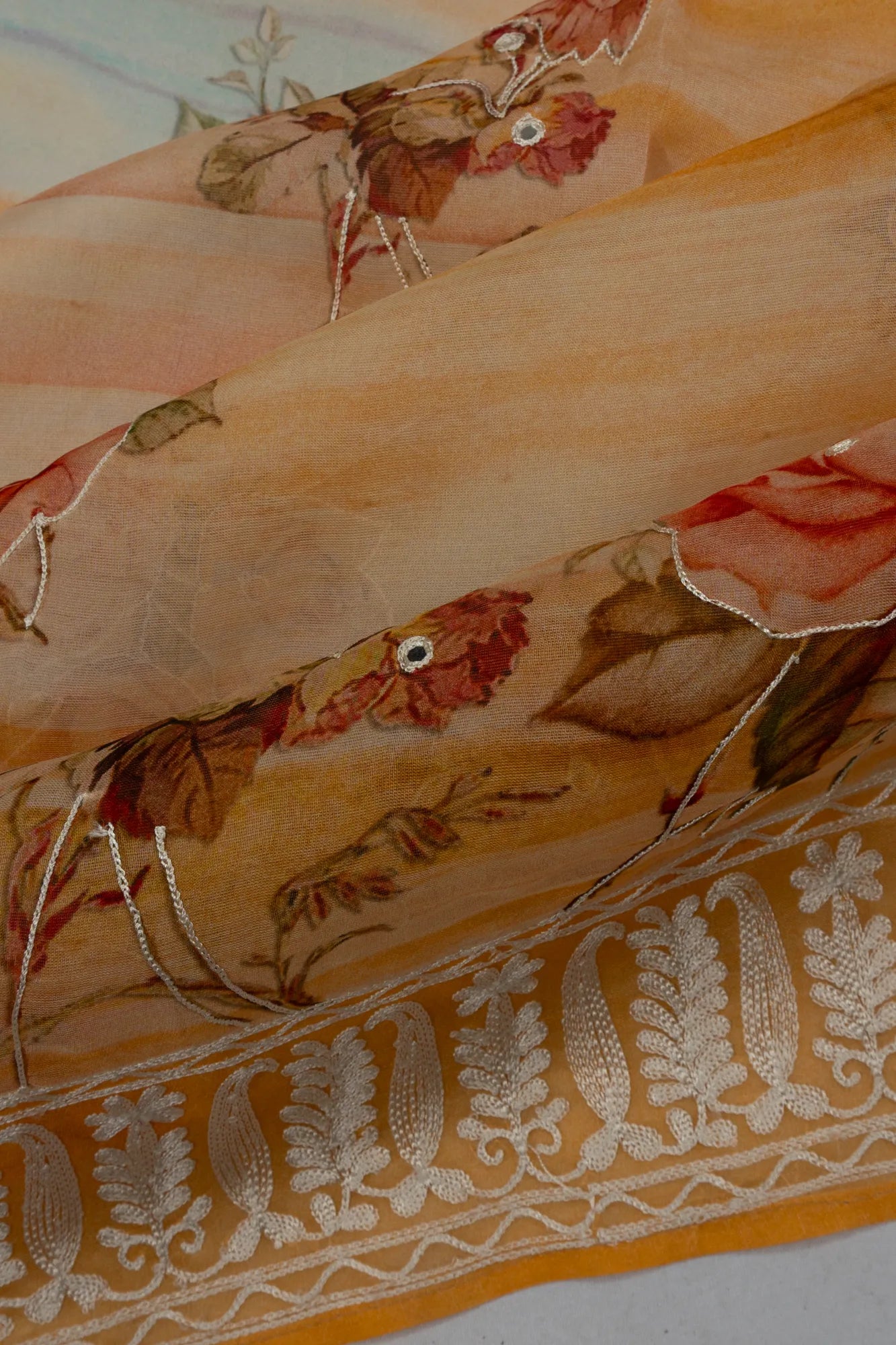 Organza Floral Printed Orange Saree