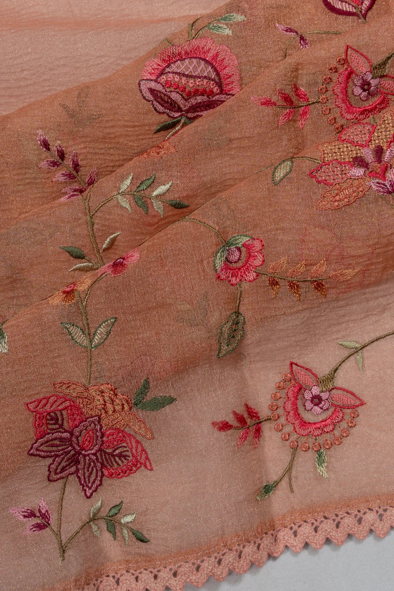 Organza Floral Embroidery Orange Saree