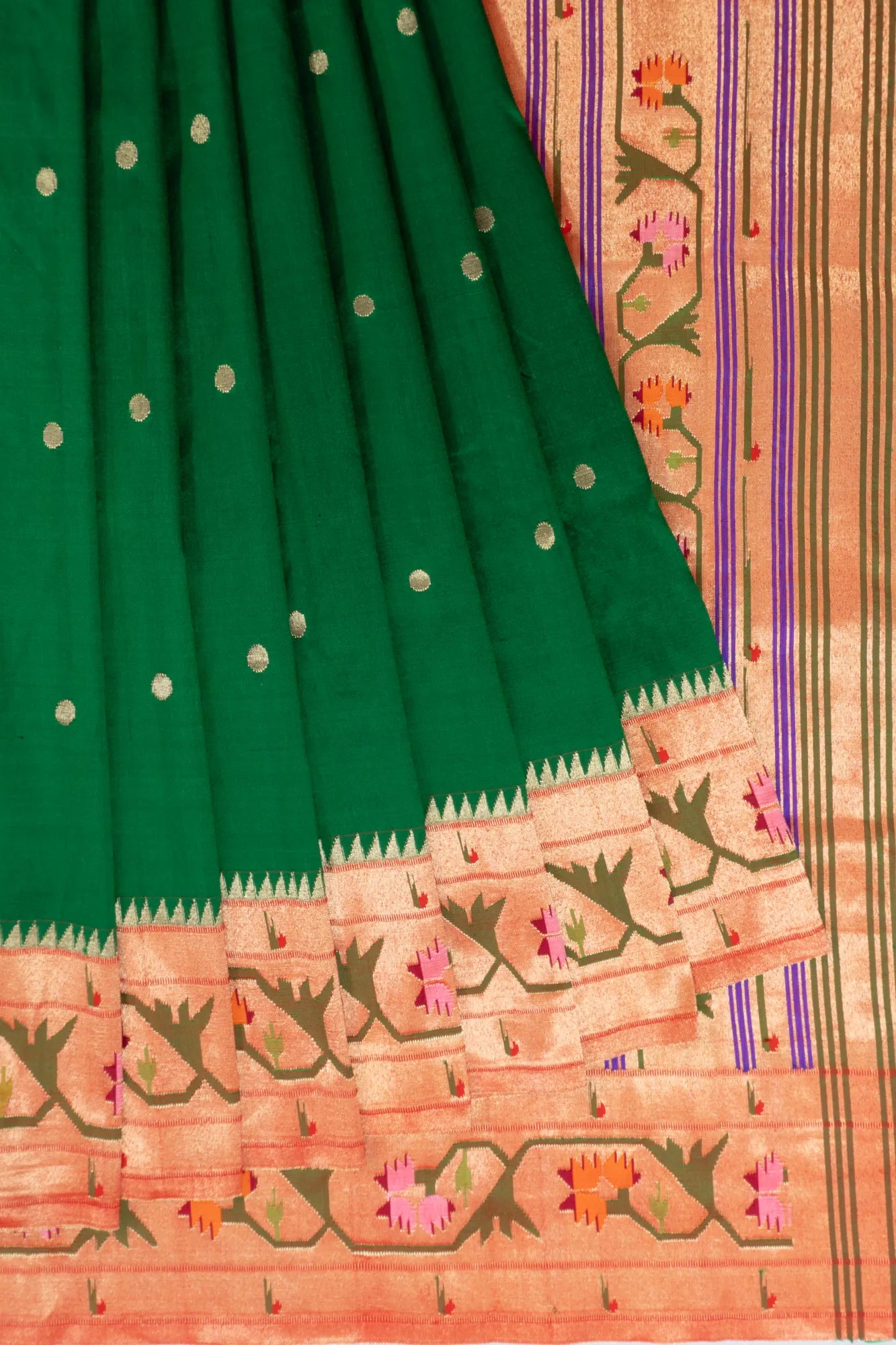 Paithani Silk Butta Bottle Green Saree With Akruthi Border