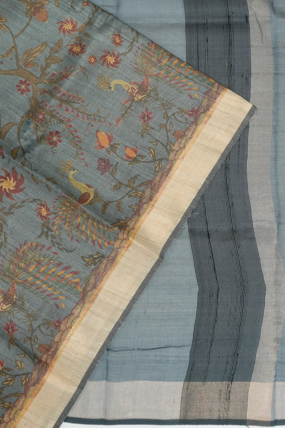 Tussar Floral Printed Grey Saree