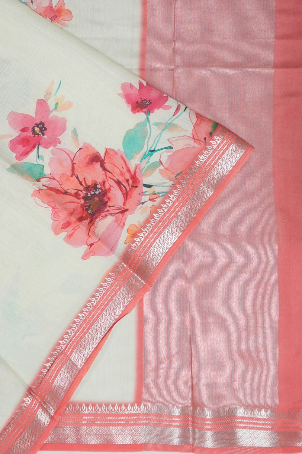 Chanderi Silk Floral Printed White Saree