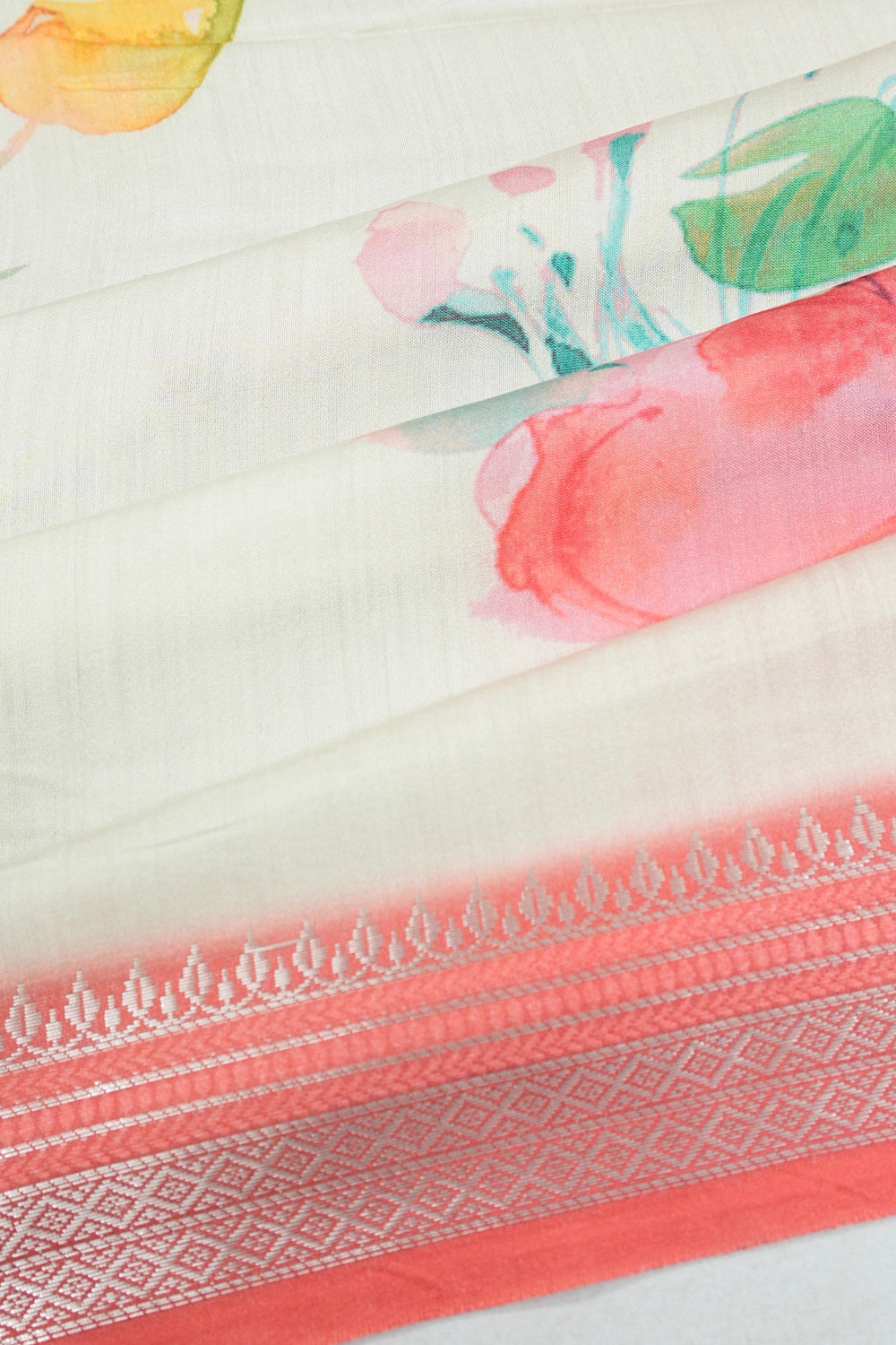 Chanderi Silk Floral Printed White Saree