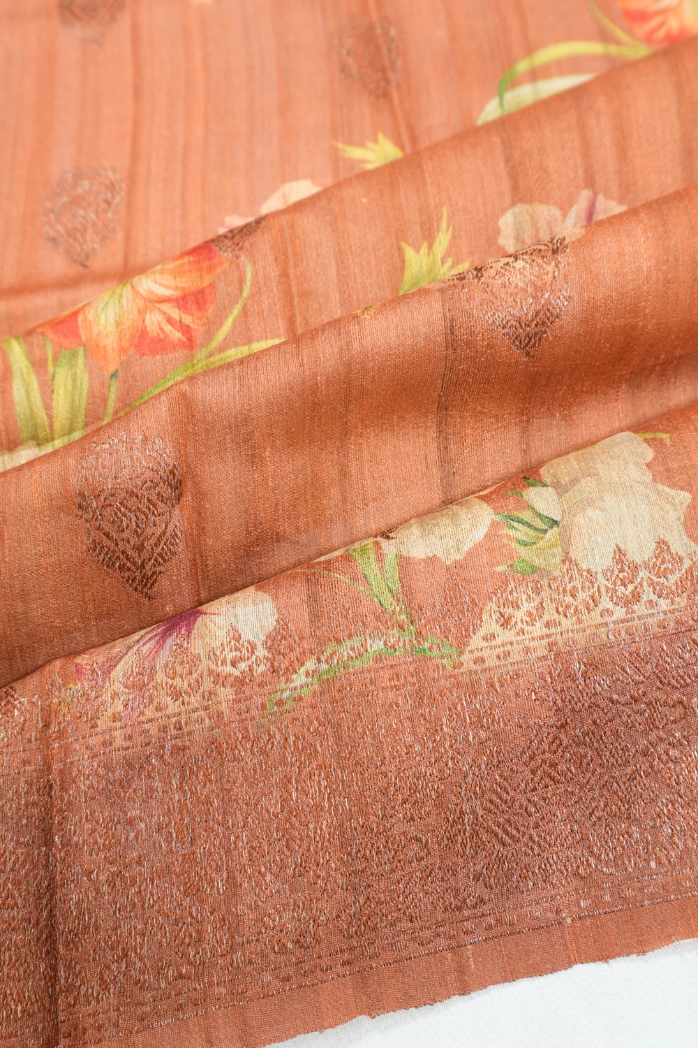 Tussar Floral Printed Peach Saree