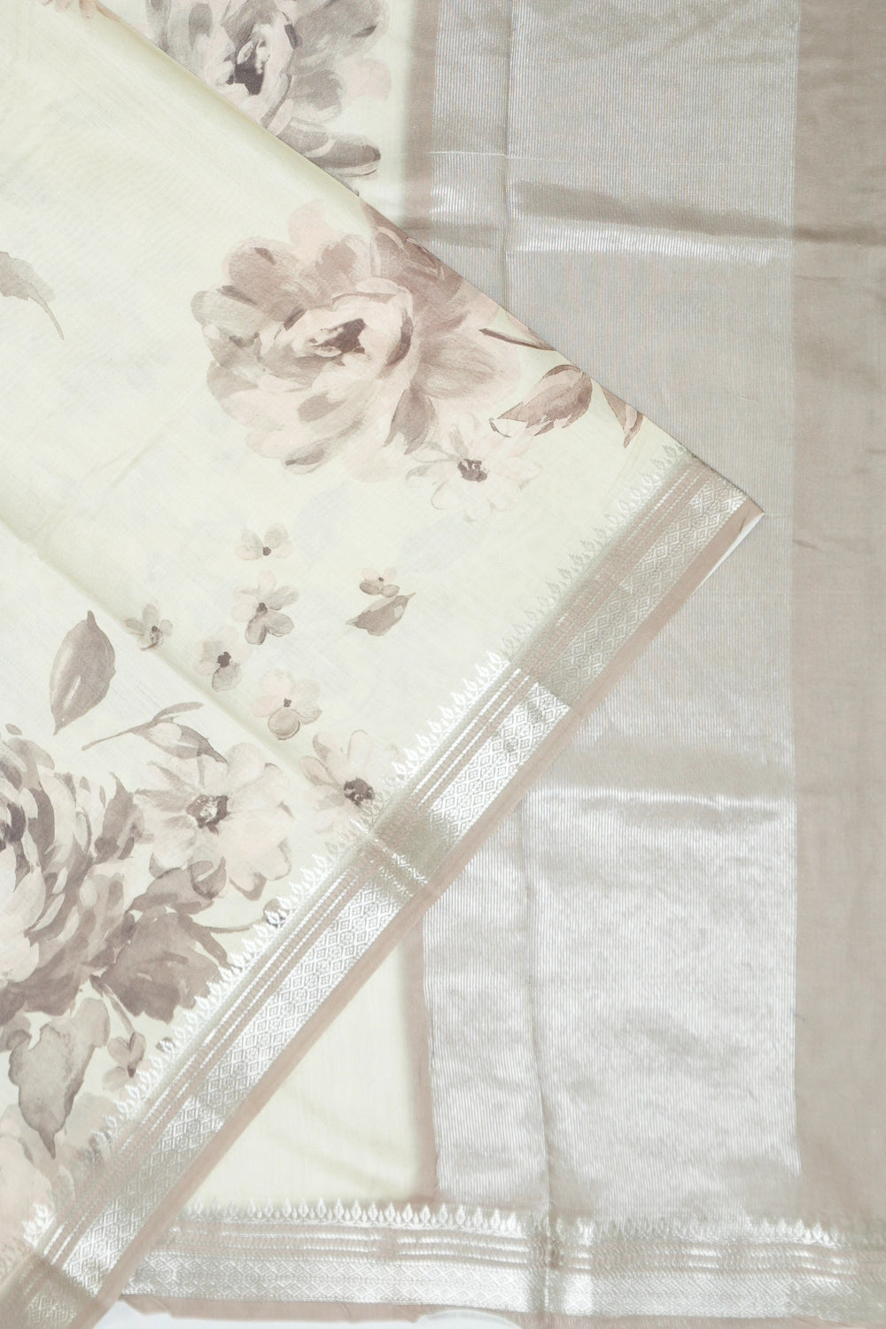 Chanderi Silk Floral Printed White Saree