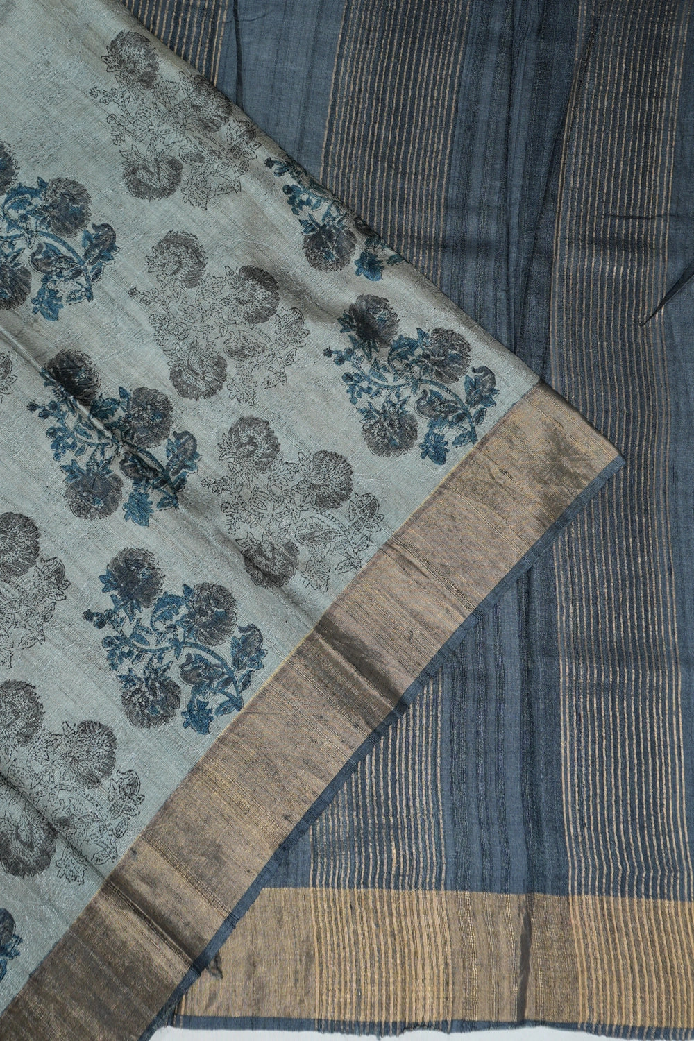 Tussar Floral Printed Blue Saree