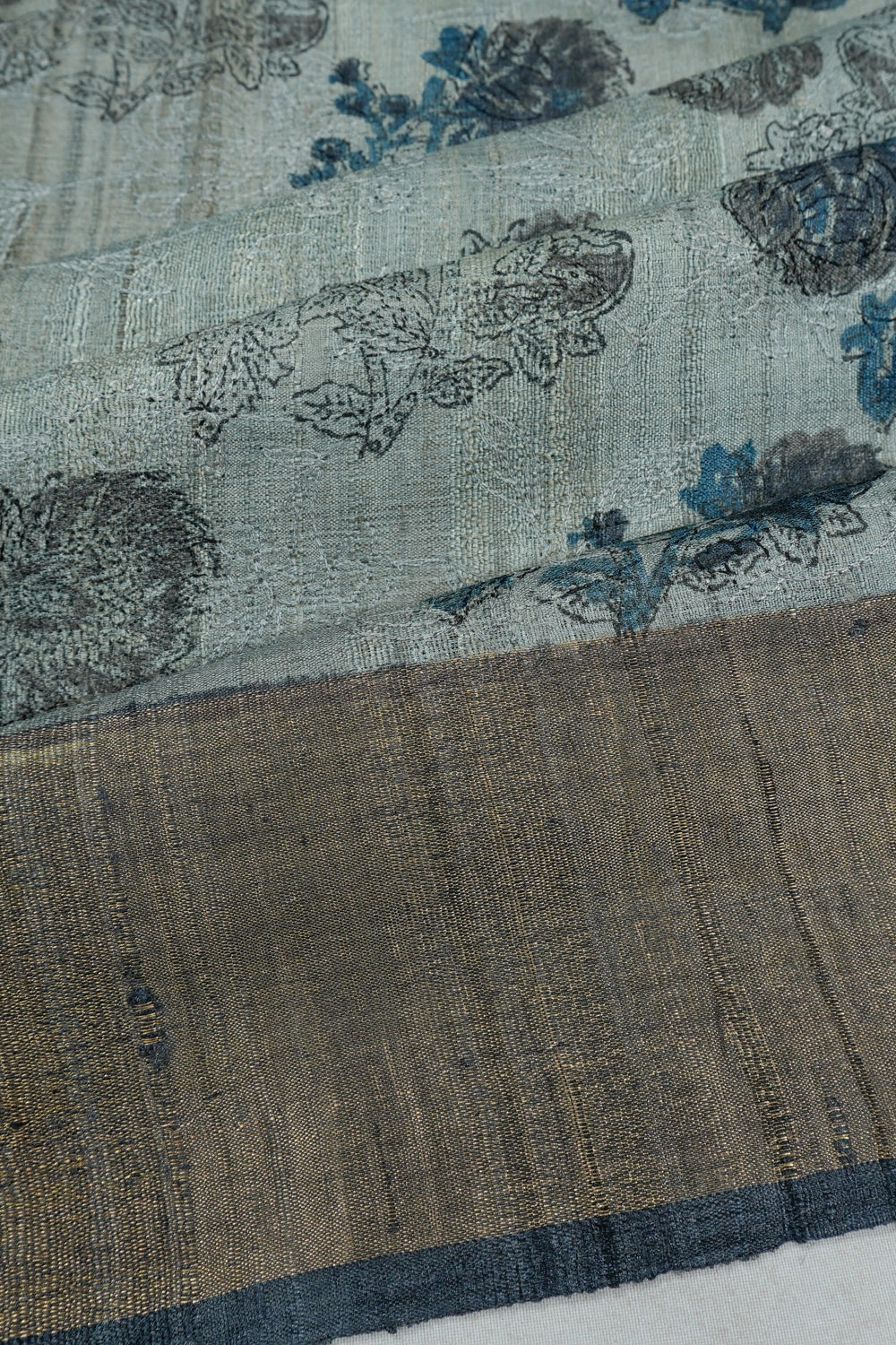 Tussar Floral Printed Blue Saree