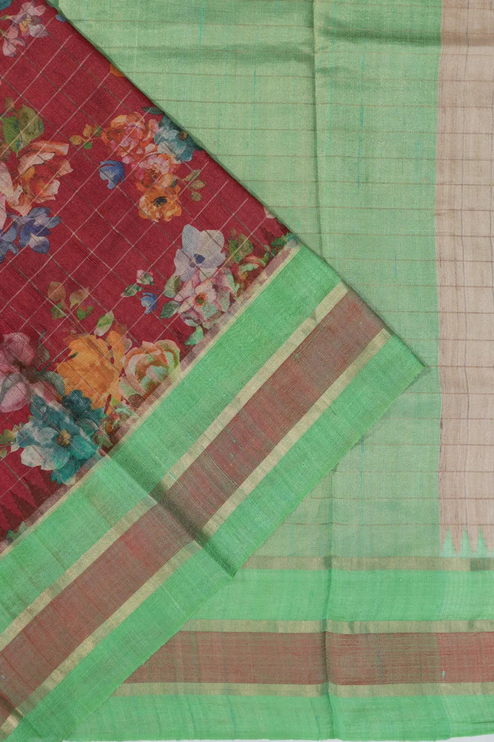 Tussar Floral Printed And Checks Red Saree