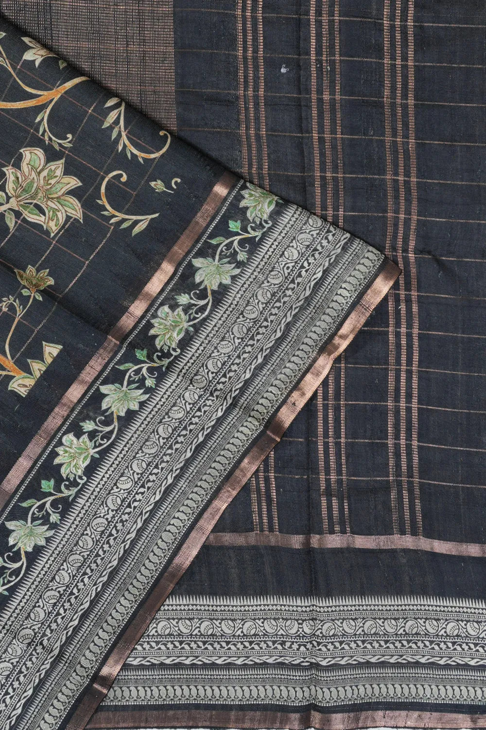 Tussar Floral Printed And Checks Black Saree