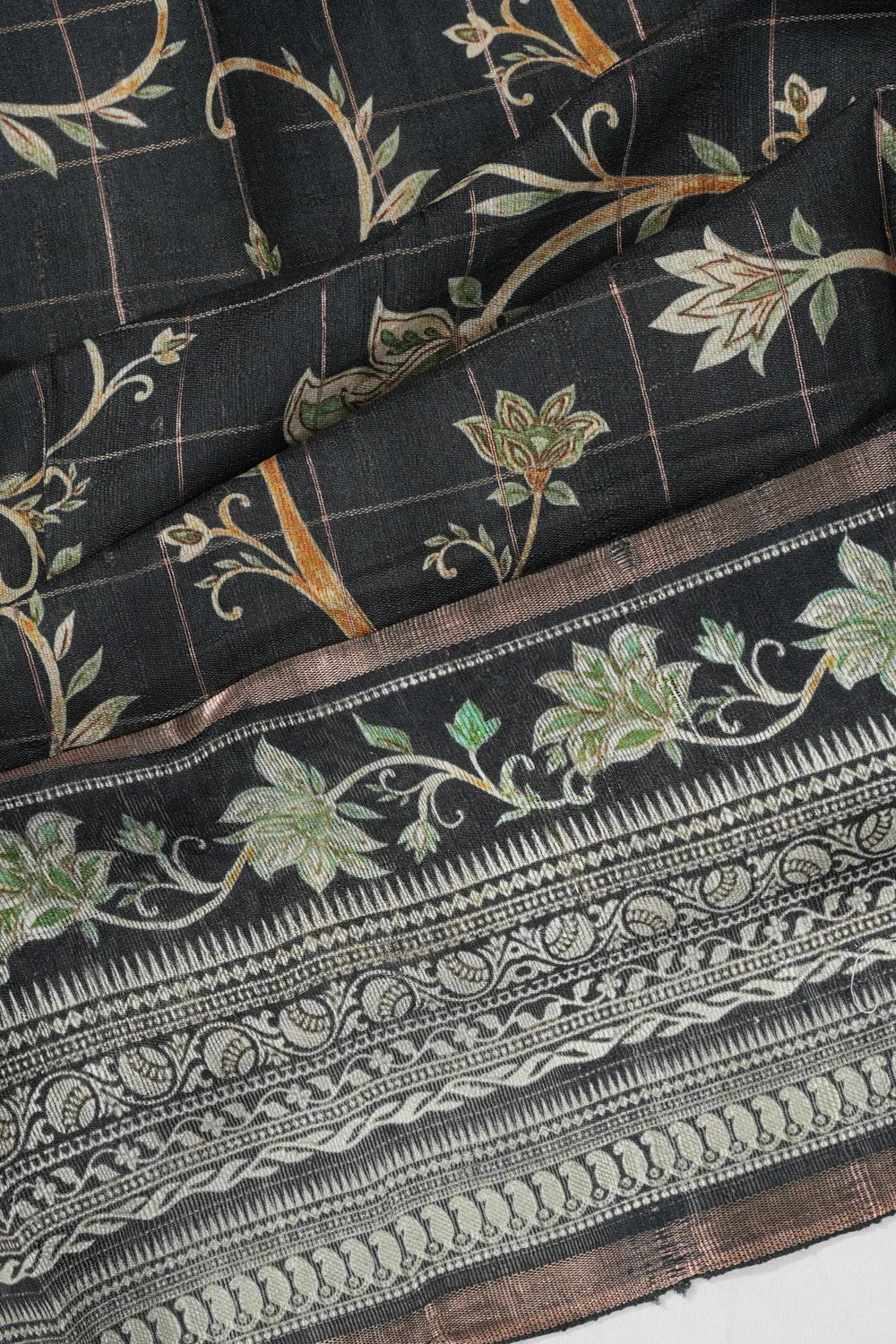 Tussar Floral Printed And Checks Black Saree