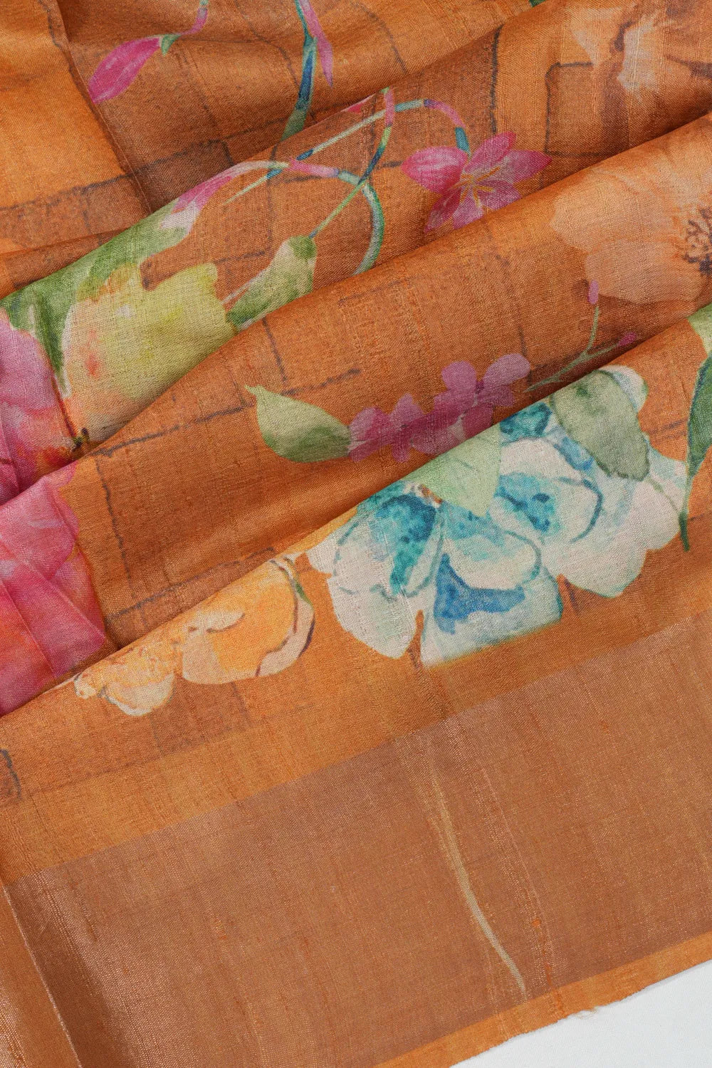 Tussar Floral Printed Yellow Saree