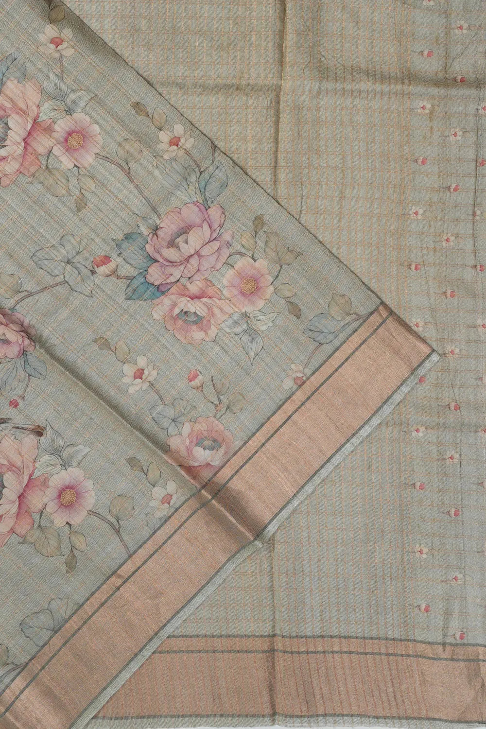 Tussar Floral Printed And Checks Silver Saree