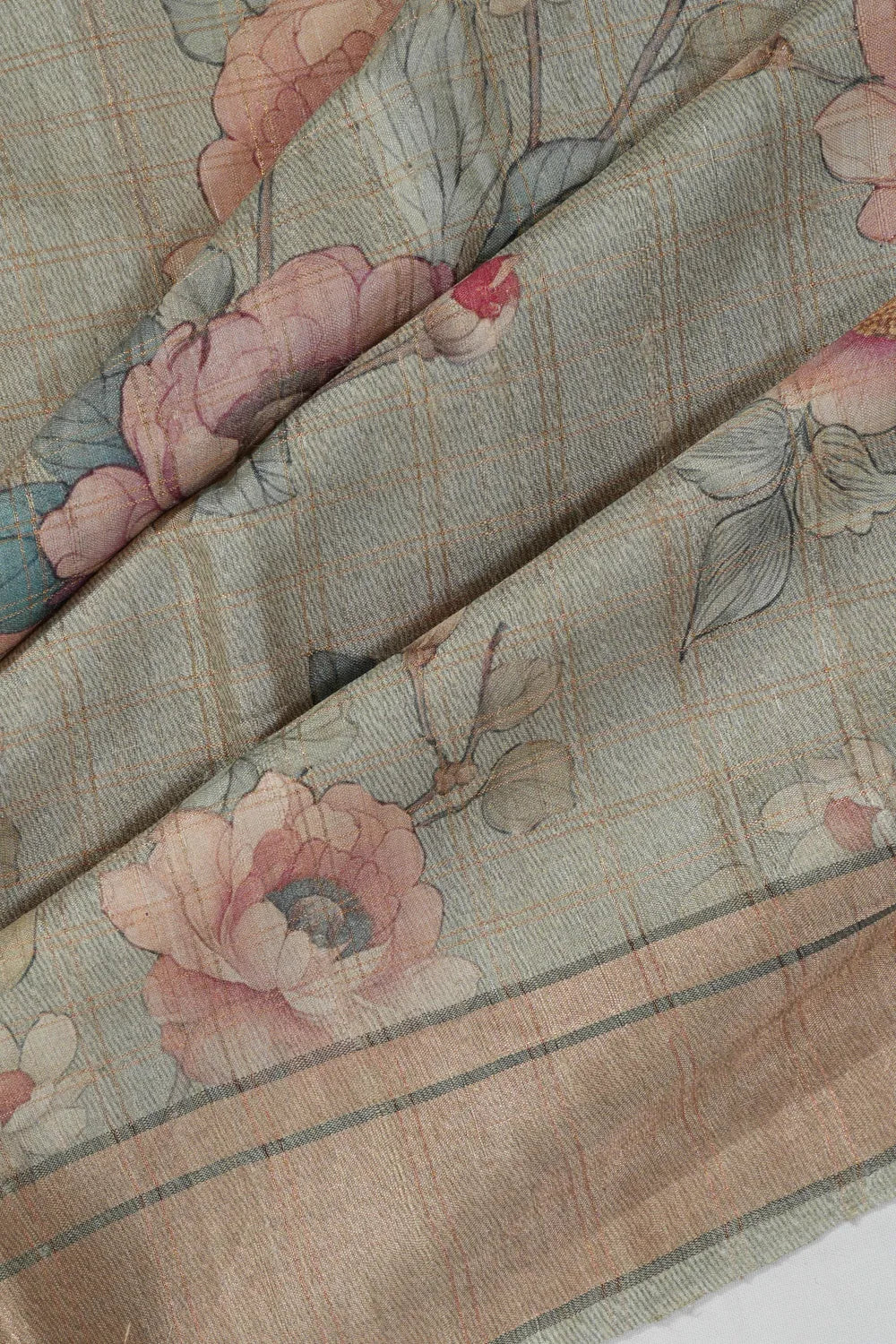 Tussar Floral Printed And Checks Silver Saree