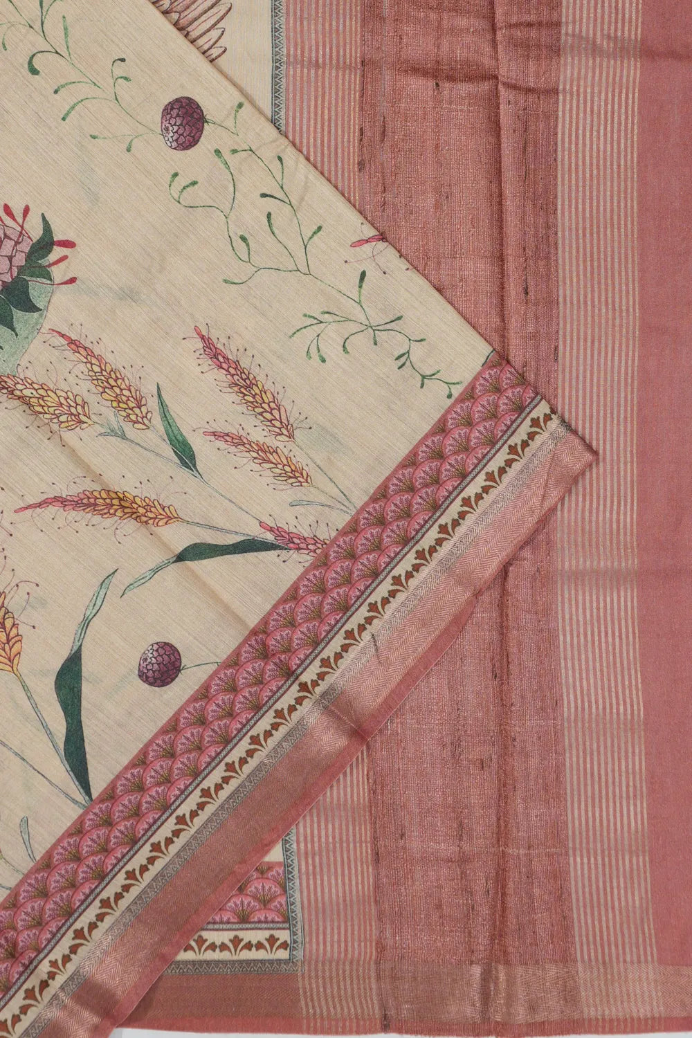 Tussar Floral Printed Cream Saree