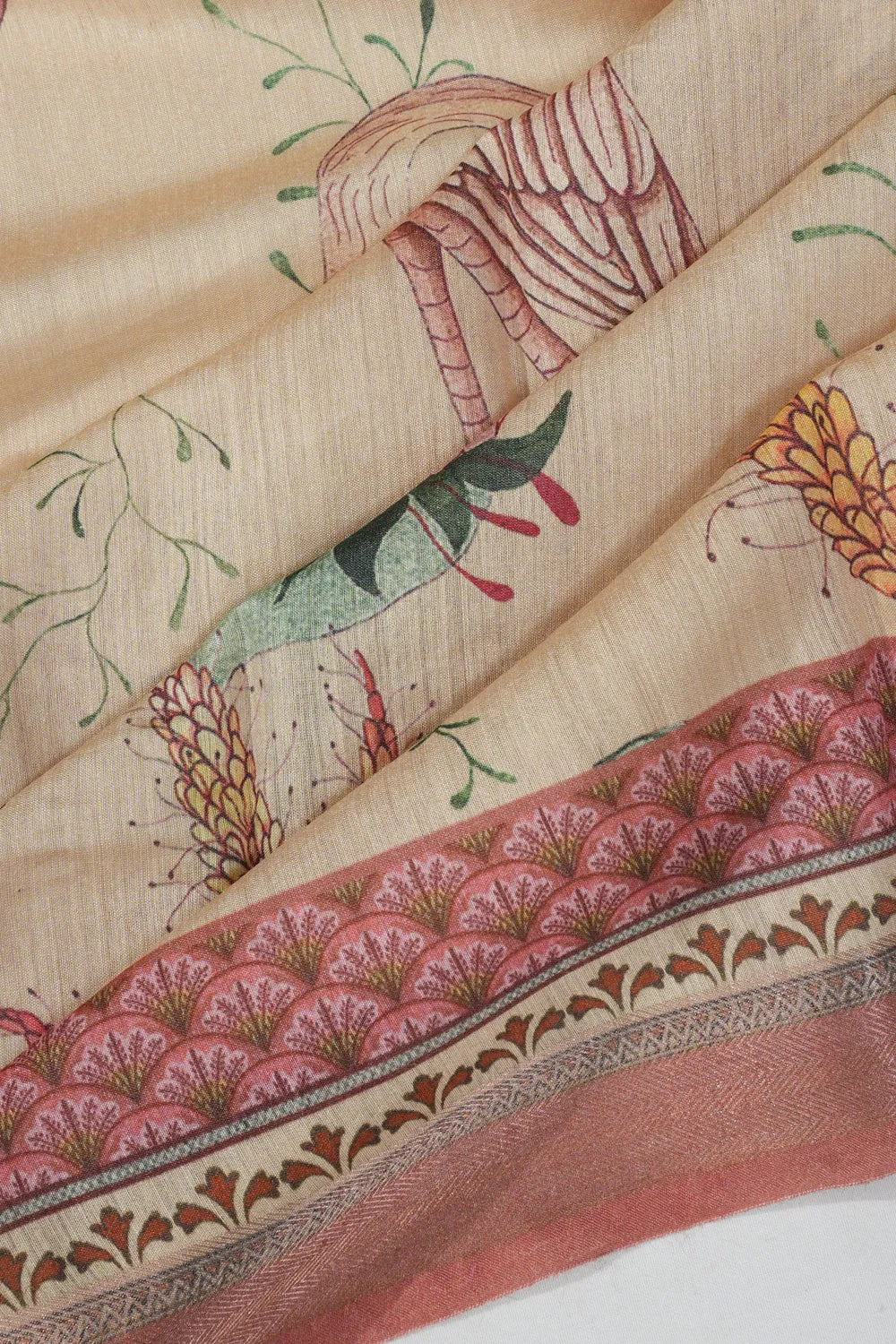 Tussar Floral Printed Cream Saree