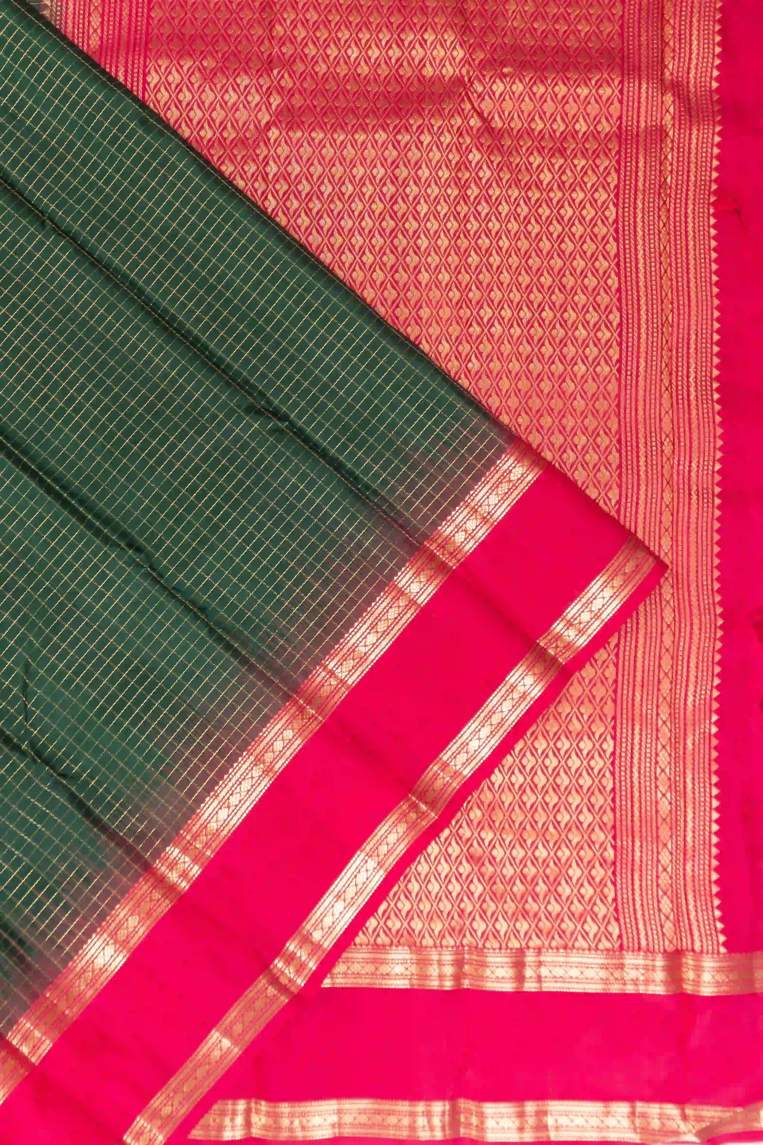 Taranga Kanchi Silk Checks Dark Green Saree