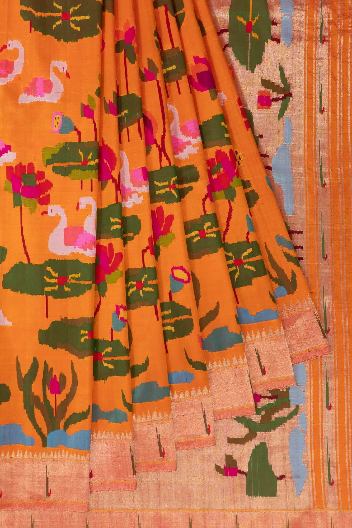 Paithani Silk All Over Jaal Orange Saree With Single Muniya Border