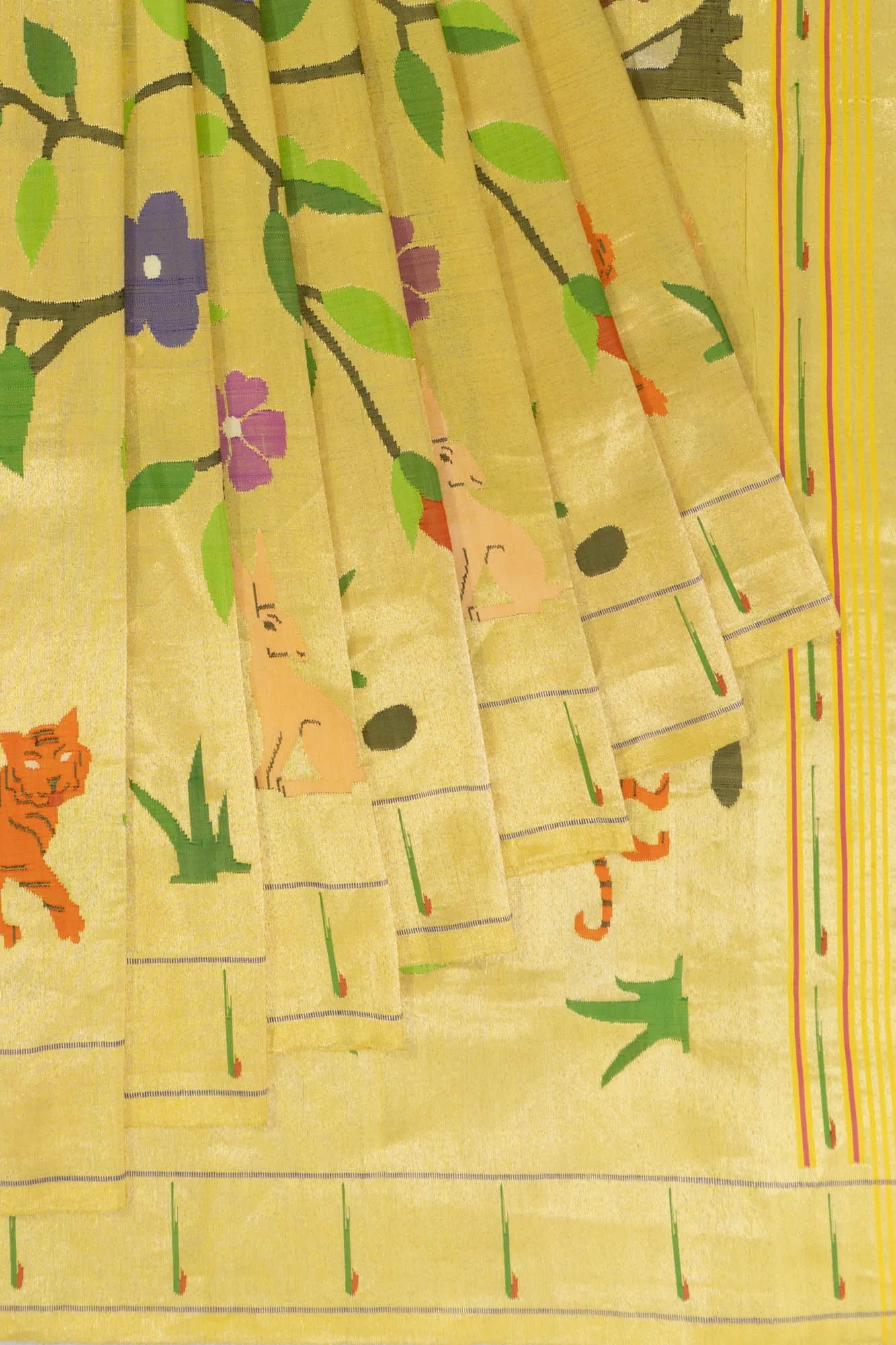 Paithani Silk All Over Tissue Jaal Gold Saree With Single Muniya Border